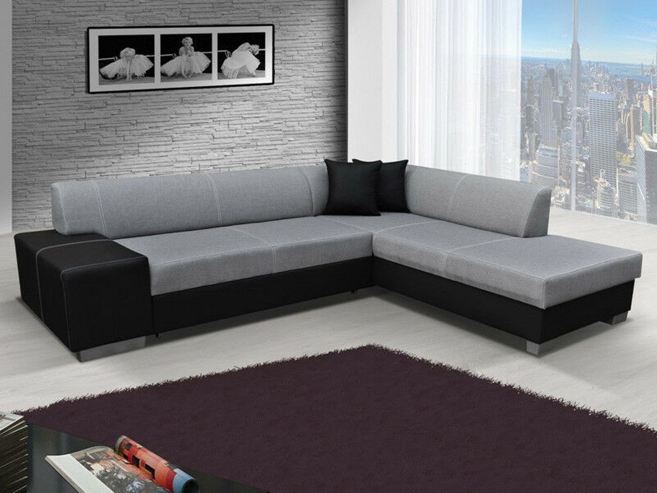 JVmoebel Ecksofa Design Ecksofa Schlafsofa Bettfunktion Couch Leder Textil Polster, Mit Bettfunktion Grau / Schwarz