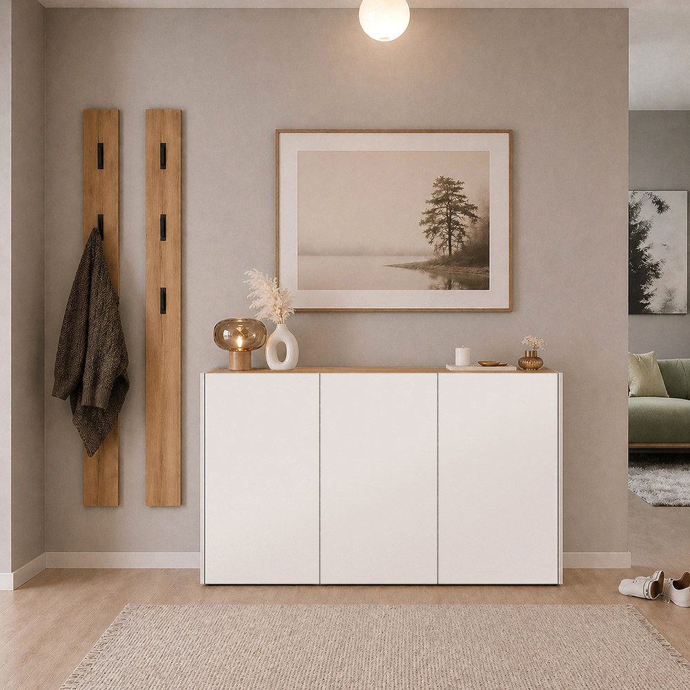 Lomadox Garderoben-Set LAPUA-01, (Spar-Set, 3-St., Schuhschrank Garderobenpaneele), in Beige und Eiche, ideal für schmale Flure