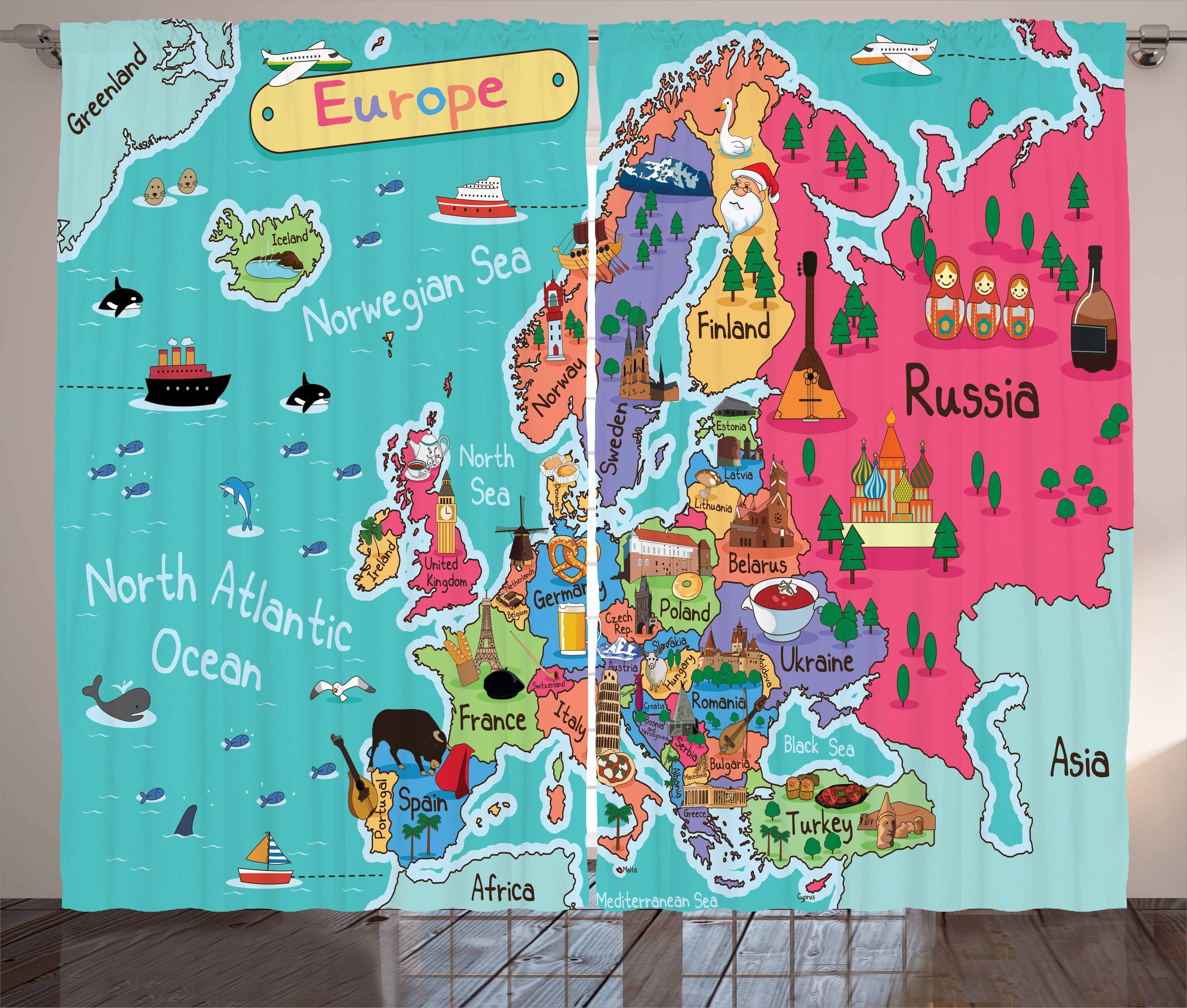 und Karte Orientierungspunkt Europa Schlafzimmer Gardine Karte Abakuhaus, Vorhang Haken, Cartoon Kräuselband Schlaufen mit