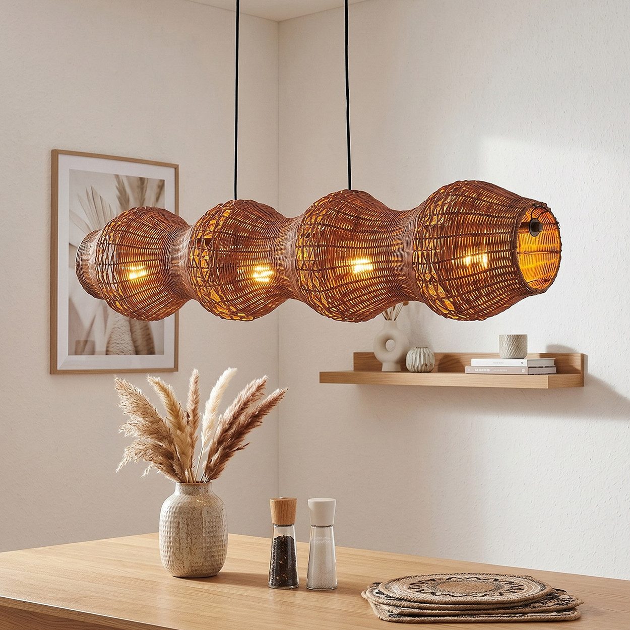 hofstein Pendelleuchte Hängelampe aus Metall/Rattan in Schwarz/Dunkelbraun/Naturfarben, ohne Leuchtmittel, Hängeleuchte im skandinavischen Design, Boho-Style, max. 170 cm, 4xE27