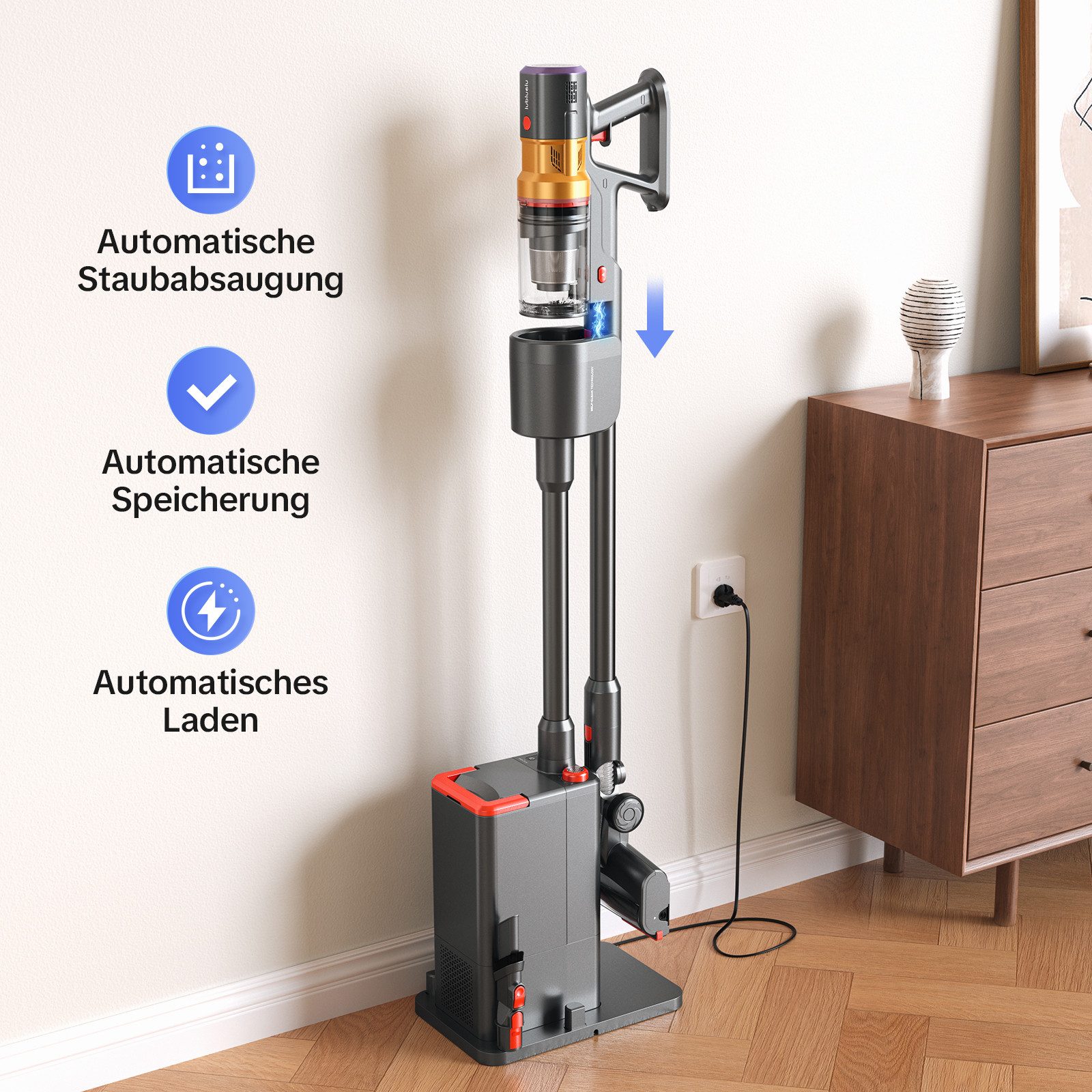 lubluelu Akku-Hand-und Stielstaubsauger X1000 Kabelloser Akku Staubsauger mit 2,5L Absaugstation 27kPA, 400 W, mit Beutel, Anti-Tangle-Bodenbürste / mit Auto Empty Funktion und Duftbox