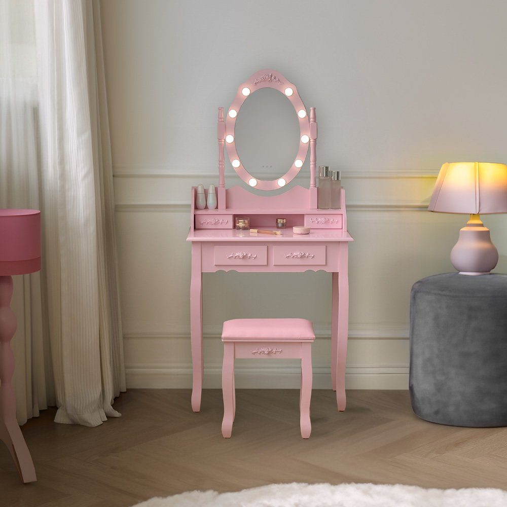 HOME DELUXE Schminktisch ROSY - 149 x 71 x 40 cm  (inkl. Hocker & Spiegel), einstellbare LED Beleuchtung & Stauraum, Frisiertisch