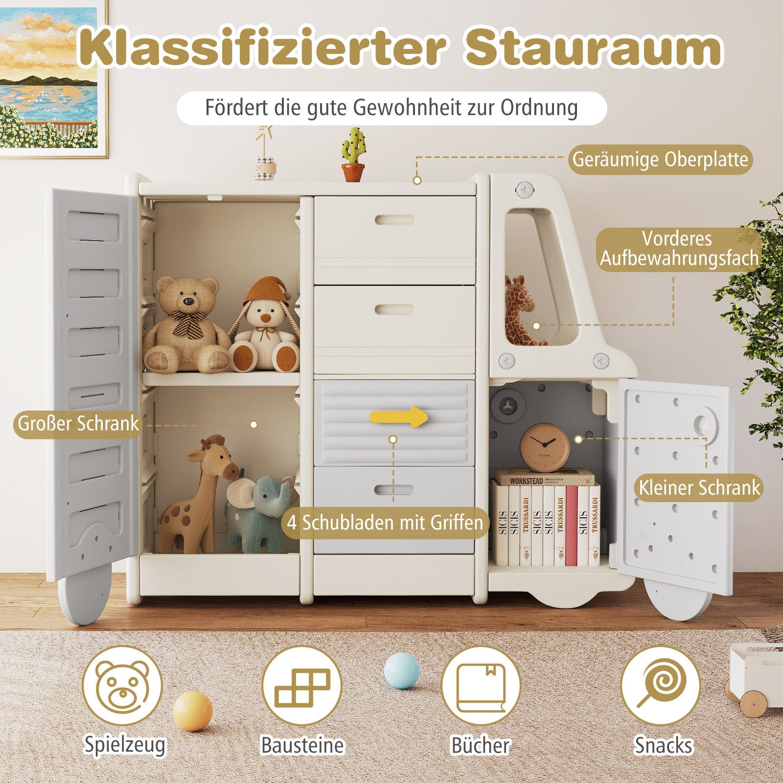 COSTWAY Kinderregal, 1-tlg., Spielzeugregal, Bücherregal, mit Schubladen & Schränken