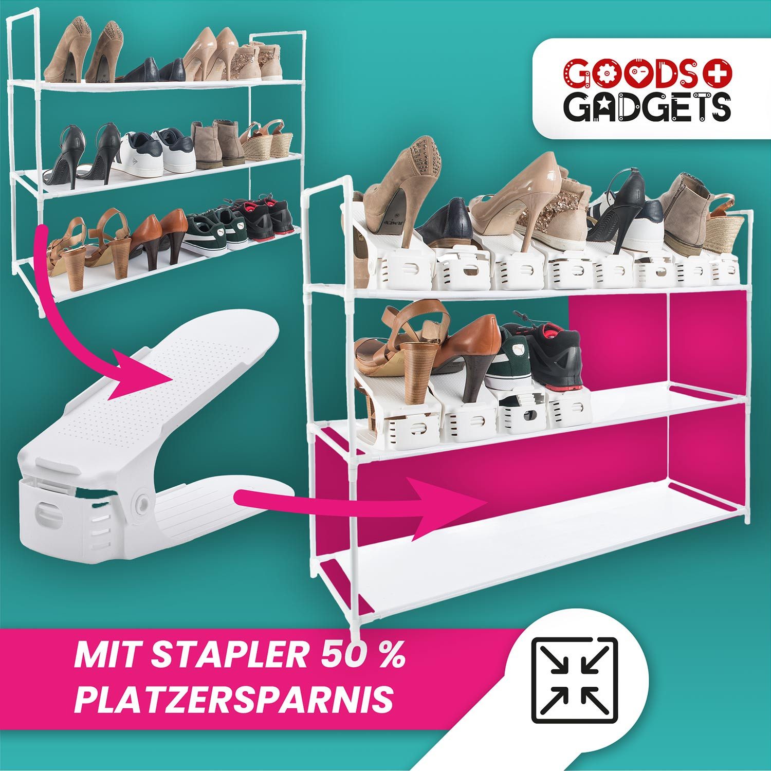 Goods+Gadgets Schuhstapler platzsparender Schuhstapler–Schuhorganizer fur regal & höhenverstllbar, im Schuhregal Schuhordner - 1 Paar