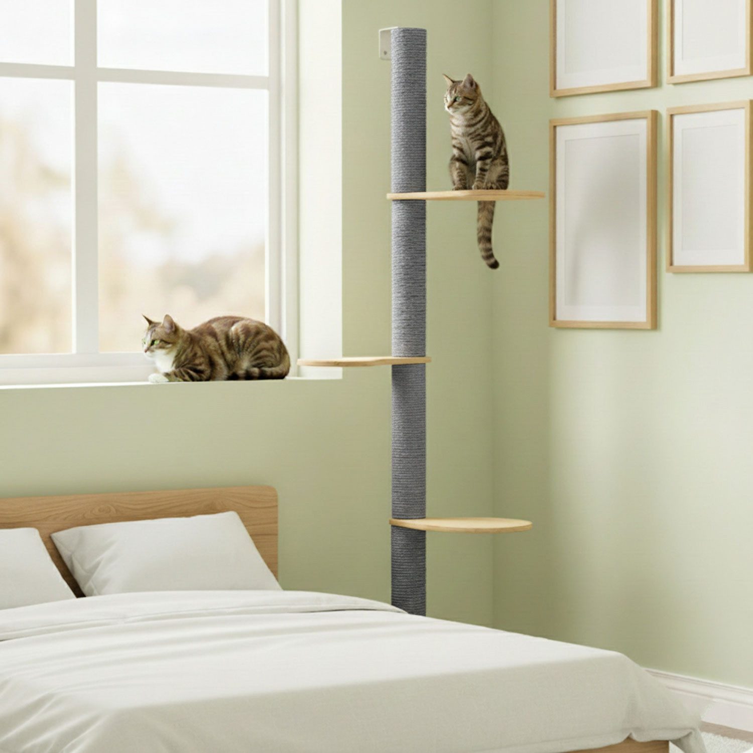 eyepower Kratzbaum zur Wandmontage - 170cm Wandkratzbaum für Katzen mit 3 Bambus Plateaus, Sisalstamm Wand - Katzenkratzbaum platzsparend - Kletterwand Katze