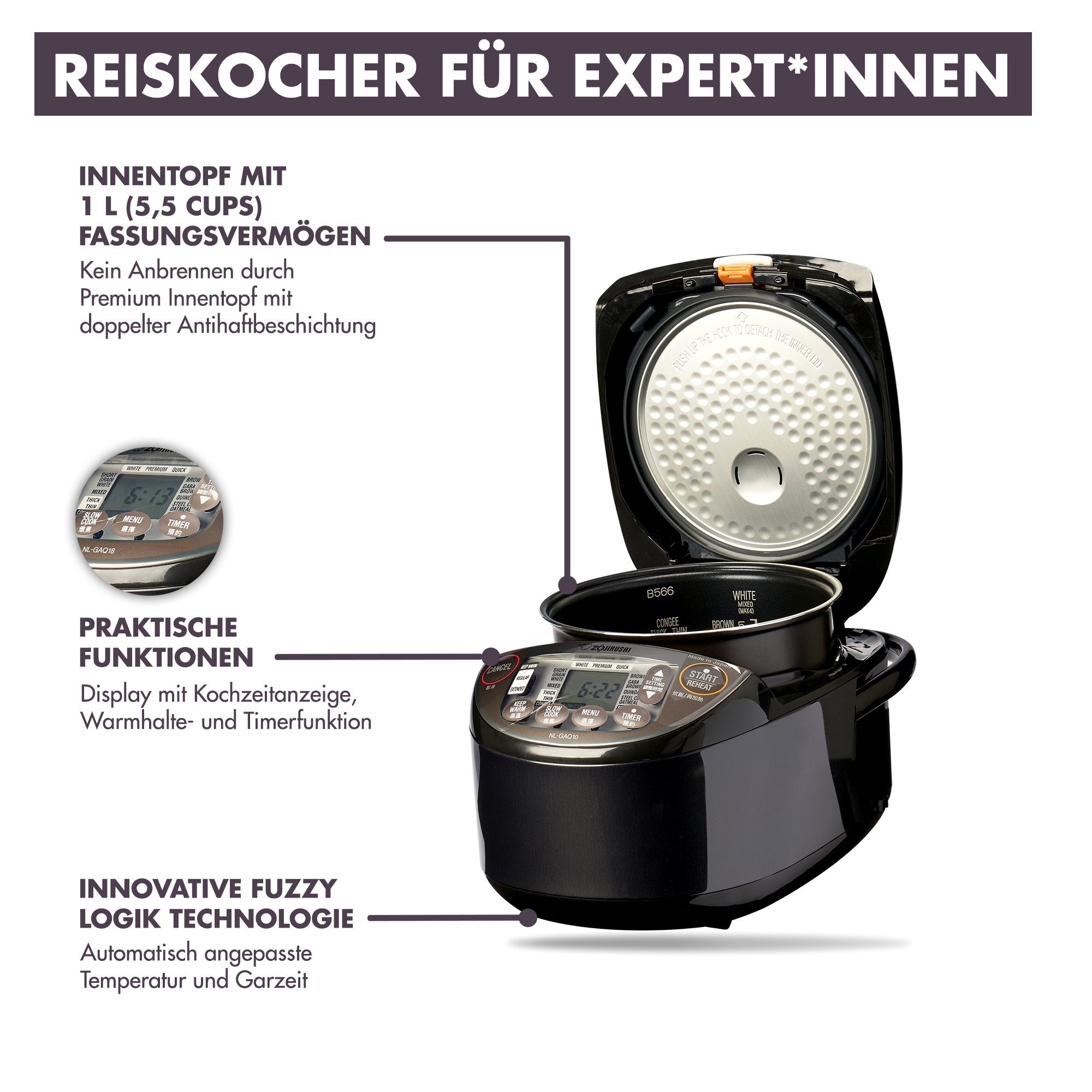 Zojirushi Reiskocher NL-GAQ10, 610,00 W, Dämpffunktion, Fuzzy Logik Technologie