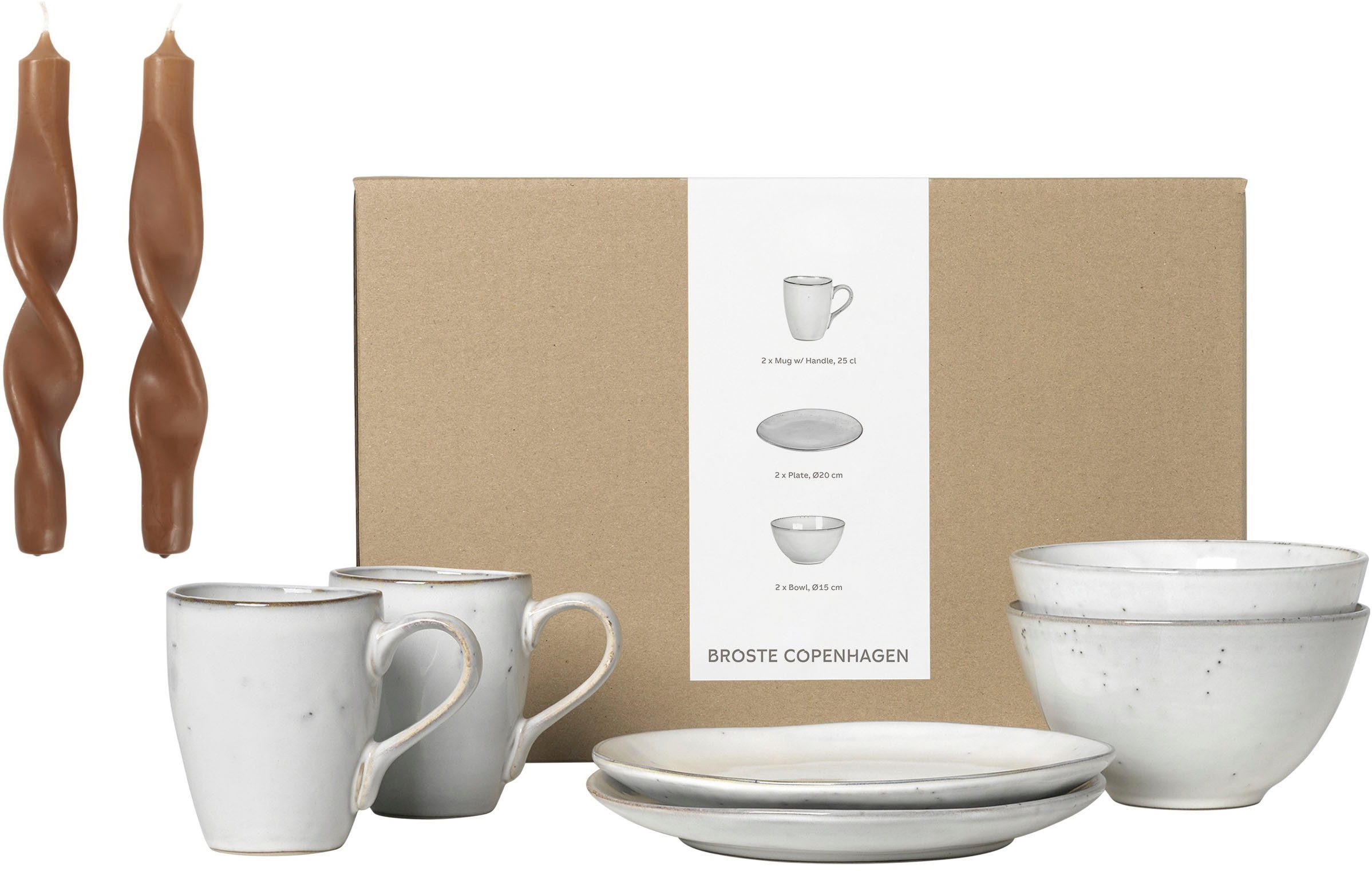 Broste Copenhagen Frühstücks-Geschirrset Nordic Sand, inklusive 1 Packung Twist Kerzen (7-tlg), 2 Personen, Keramik, Beliebte Geschirr Sets Exclusiv mit Geschenk
