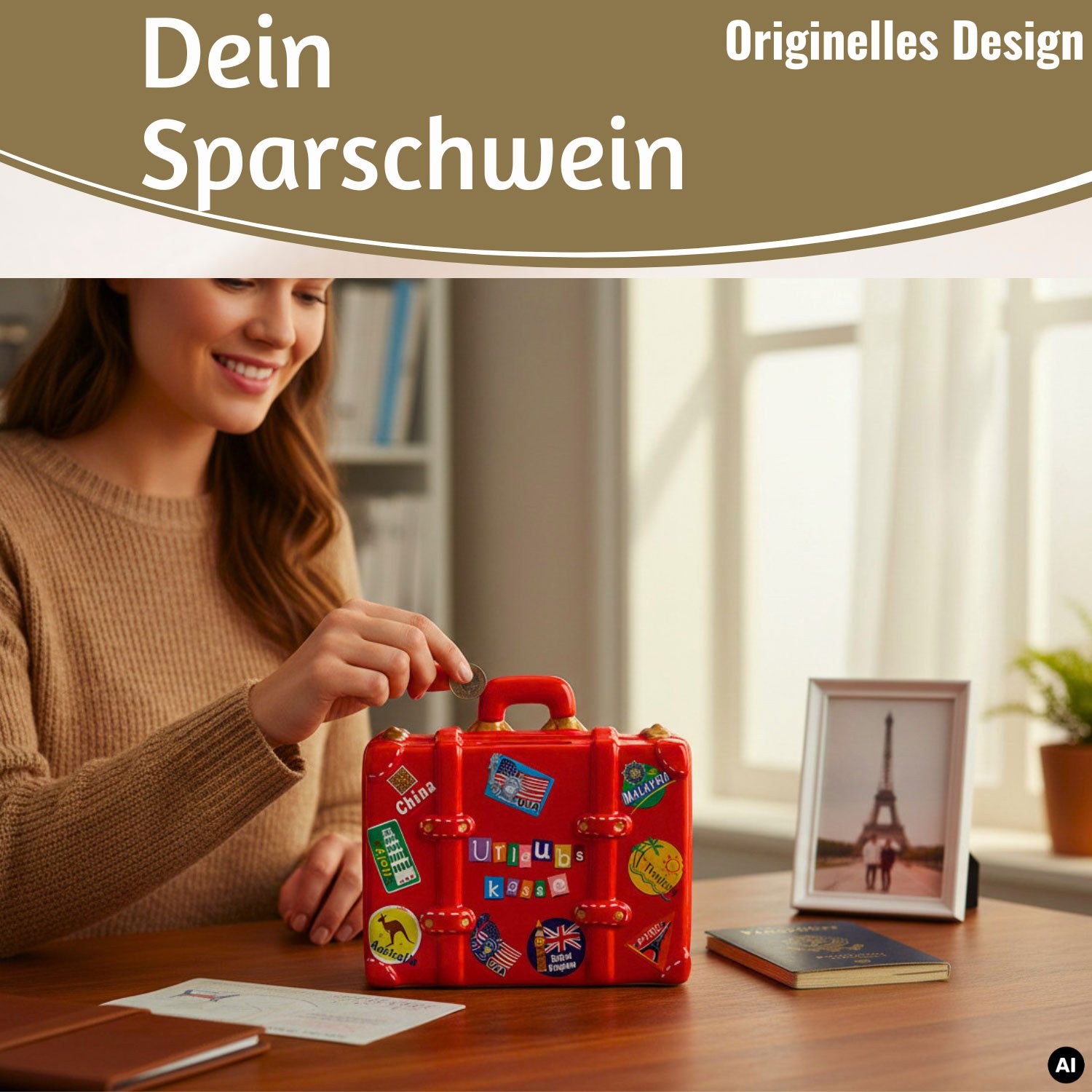 LS-LebenStil Spardose Keramik Sparschwein Reise-Koffer Spruch Urlaubskasse Rot Sparbüchse, (perfekt als Geschenk zum Geburtstag Hochzeit oder Verlobung, Taufe, 1-tlg., 100% von Handbemalt, mit Filzgleiter - keine Kratzer), Exklusives Design, Originelle lustige Sprüche
