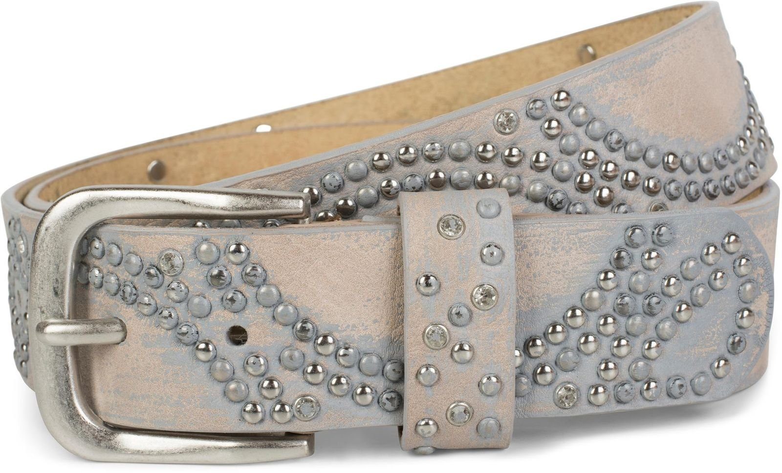 styleBREAKER Nietengürtel Gürtel mit Bogenförmig Kugelnieten Beige angeordneten