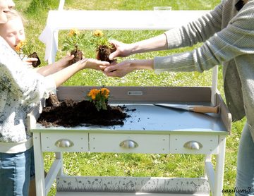 WONDERMAKE Pflanztisch groß weiß mit 3 Schubladen aus Holz wetterfest, Garten-Arbeitstisch XL, Outdoor draußen Balkon hochwertig, Gärtnertisch Umtopftisch, weiß grau