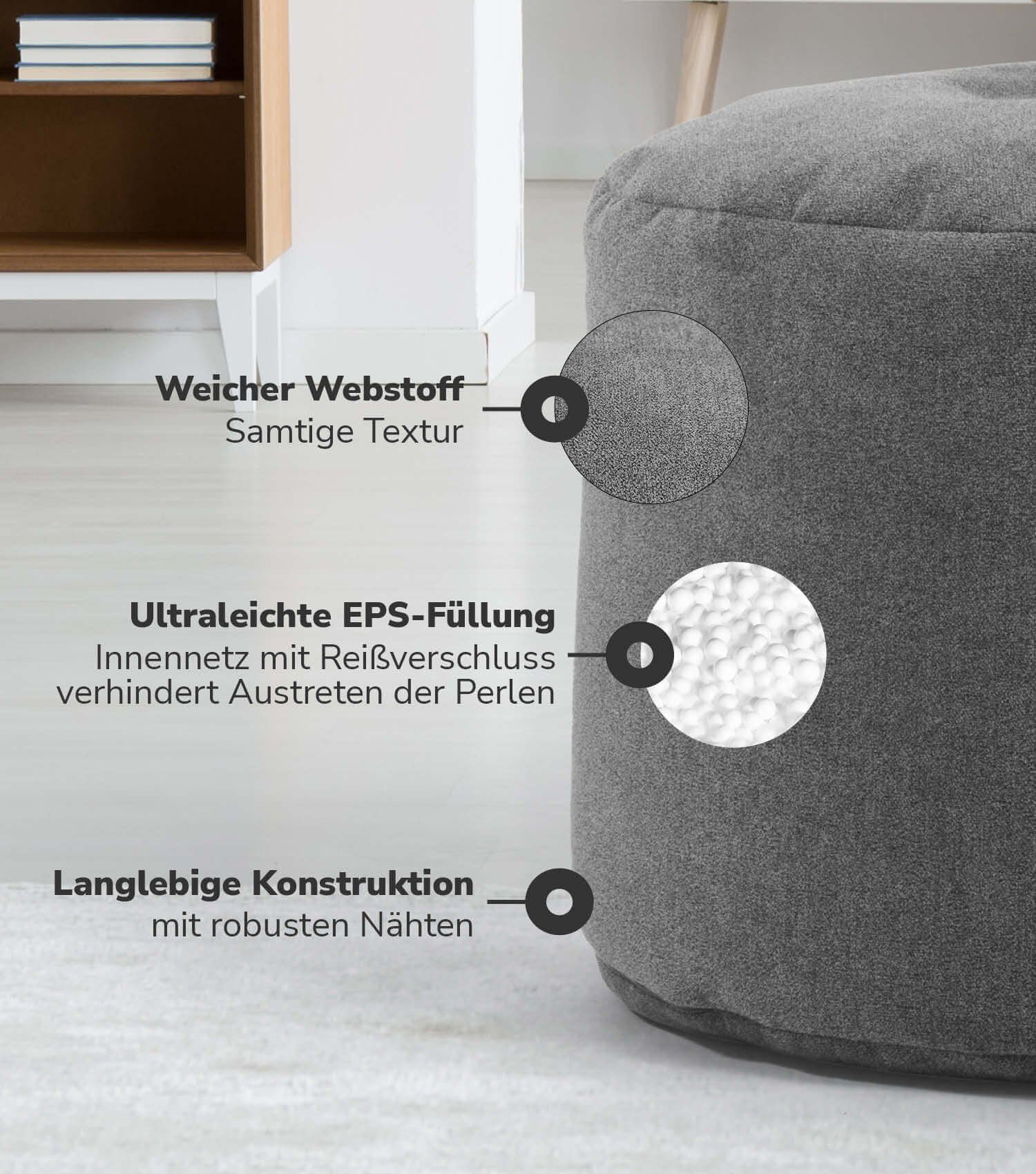 mokebo Pouf Der Ruhepouf (rund und aus Webstoff), Made in Germany, Sitzhocker, Bodenkissen, Fußhocker in Grau – Bild 4 von 5