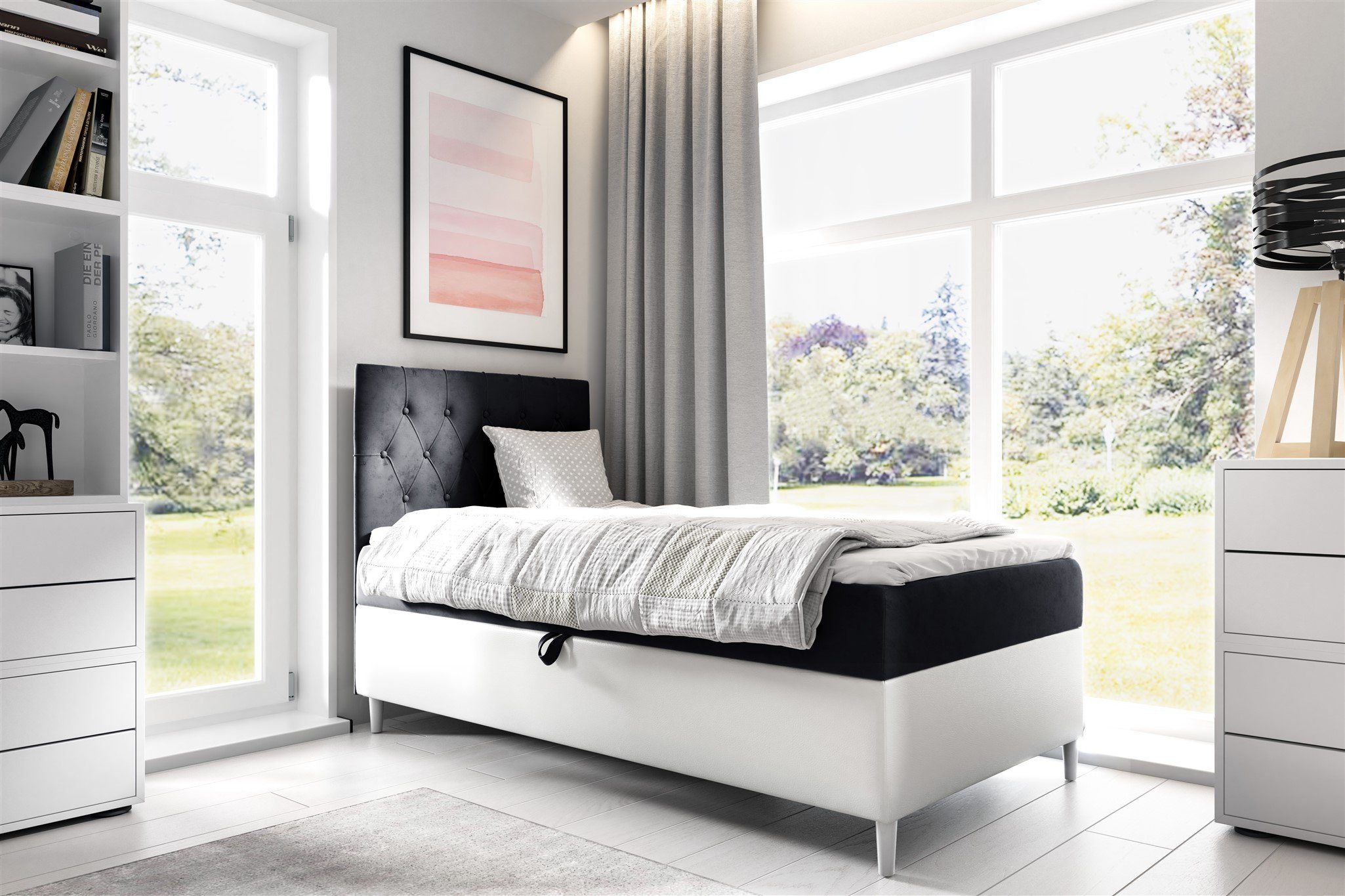 Fun Möbel Boxbett Gästebett Kinderbett FINJA Nr.1 (Holzfüße (Weiß / Höhe. 13 cm), In drei Größen), inkl. Topper und Bettkasten