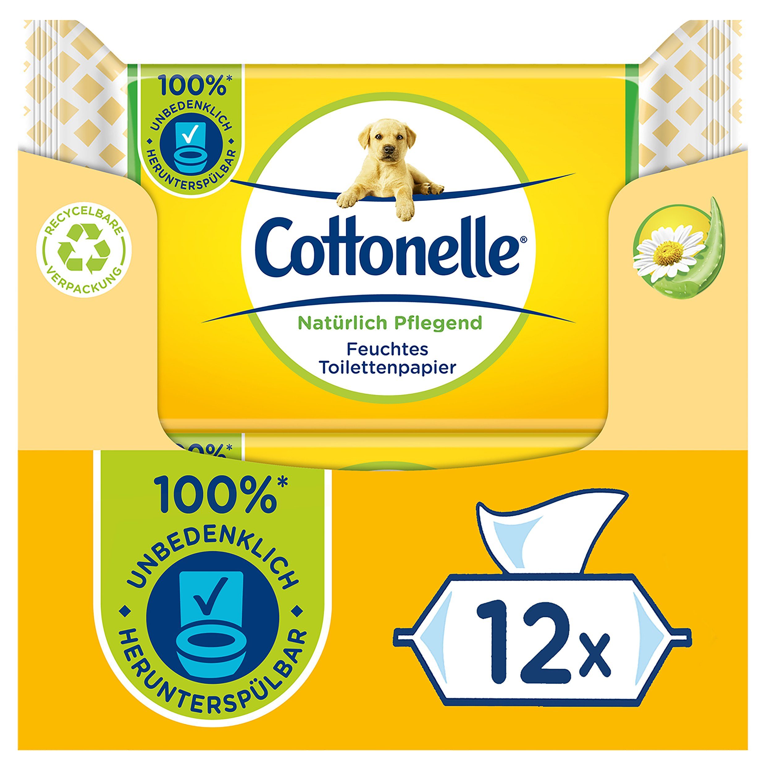 Cottonelle® Toilettenpapier Feuchtes Toilettenpapier, Kamille & Aloe Vera, 12x42 Feuchttücher (Vorratspackung 12 x 42 Tücher), Toilettentücher