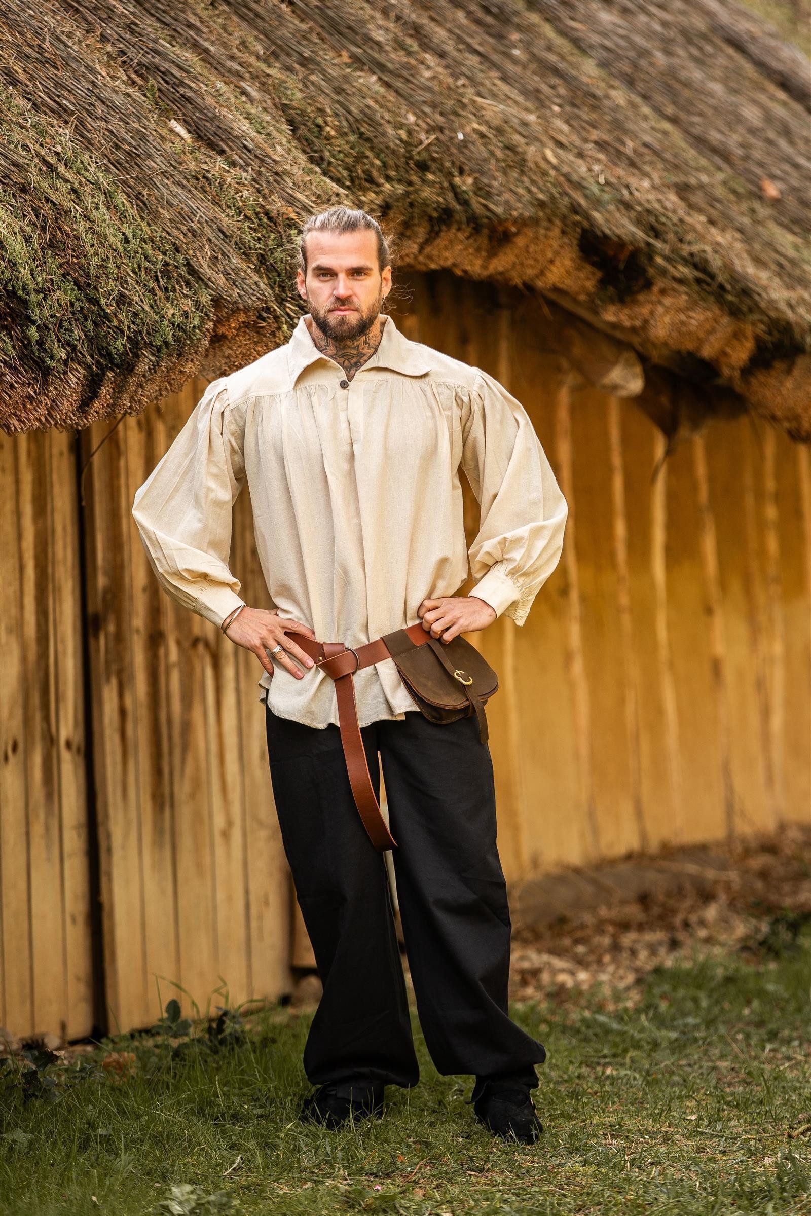 Leonardo Carbone Piraten-Kostüm Piratenhemd "James" mit Flachkragen, Holzknopf, voluminöse Ärmel