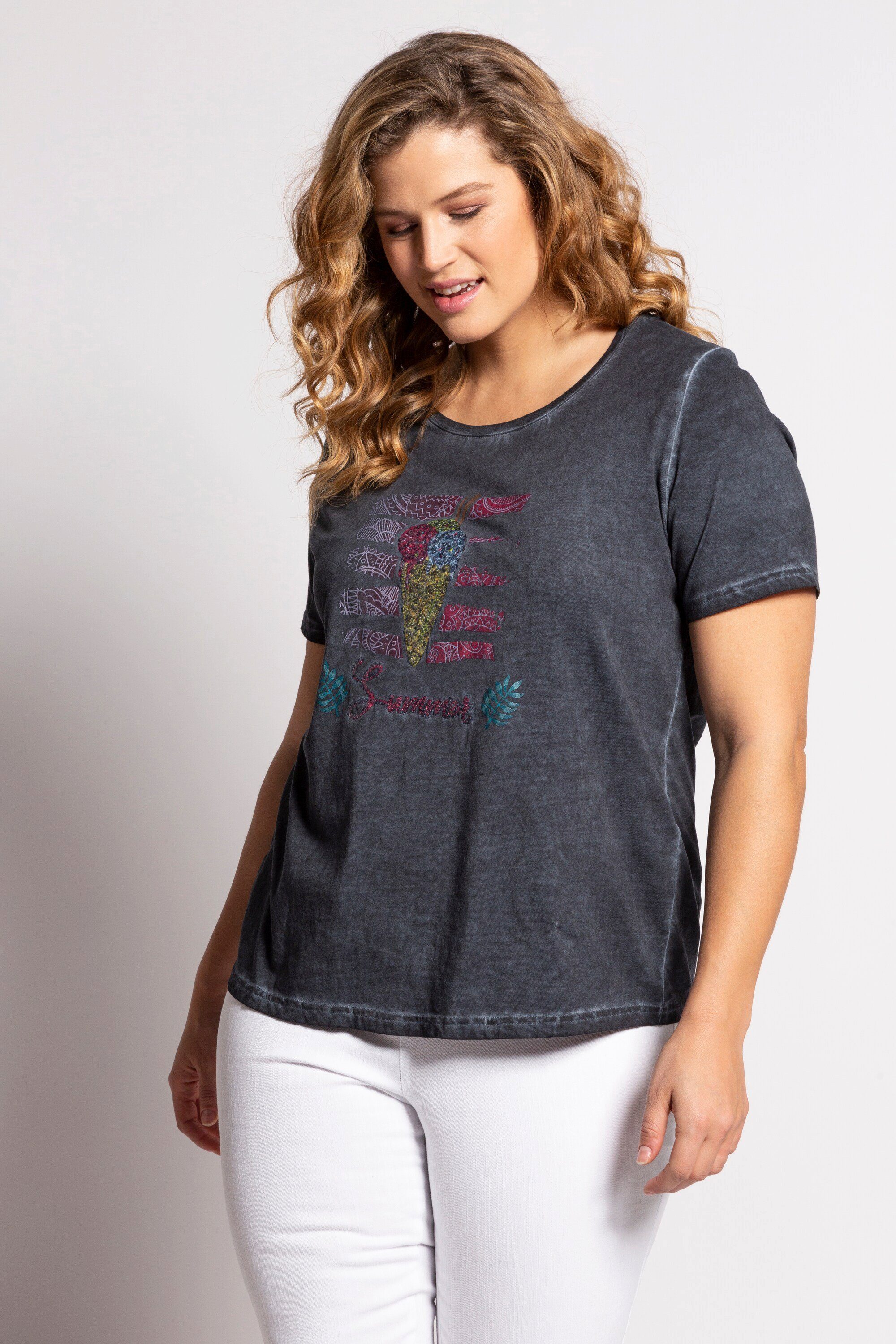 Ulla Popken Rundhalsshirt T-Shirt Pailletten-Eiswaffel Classic cool dyed