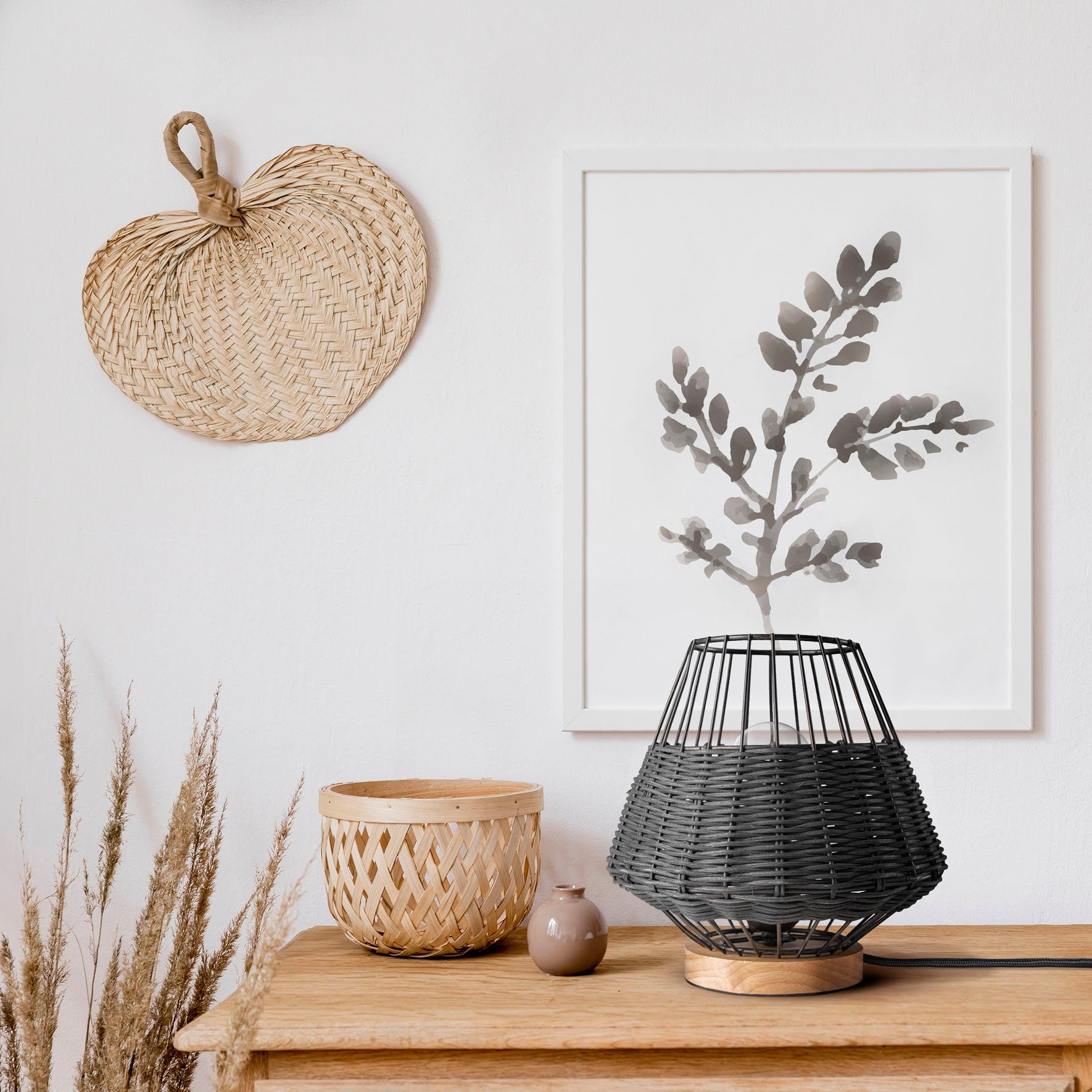 PUNTO, Käfig Nacht Rustikal Tischleuchte ohne LED Rattan Style Home Paco Boho Lampe Holz Leuchtmittel, E27