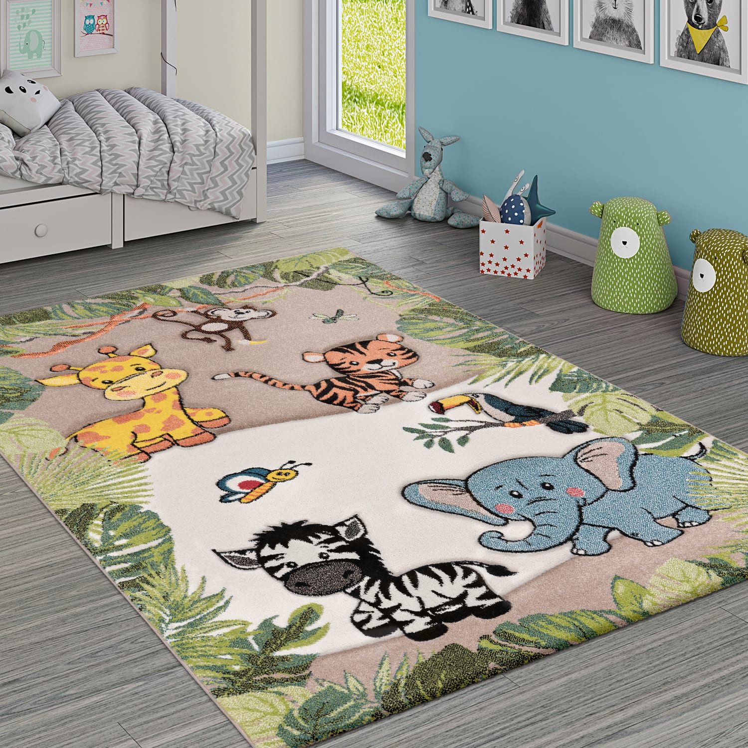 KADIMA DESIGN Kinderteppich Dschungel Kindermotiv Kinderzimmer schmutzabweisend Teppich Kinder, Rechteckig, Höhe: 16 mm, Florhöhe: 12 mm, 100% Polypropylen, Rechteckig, 160x230cm, Beige