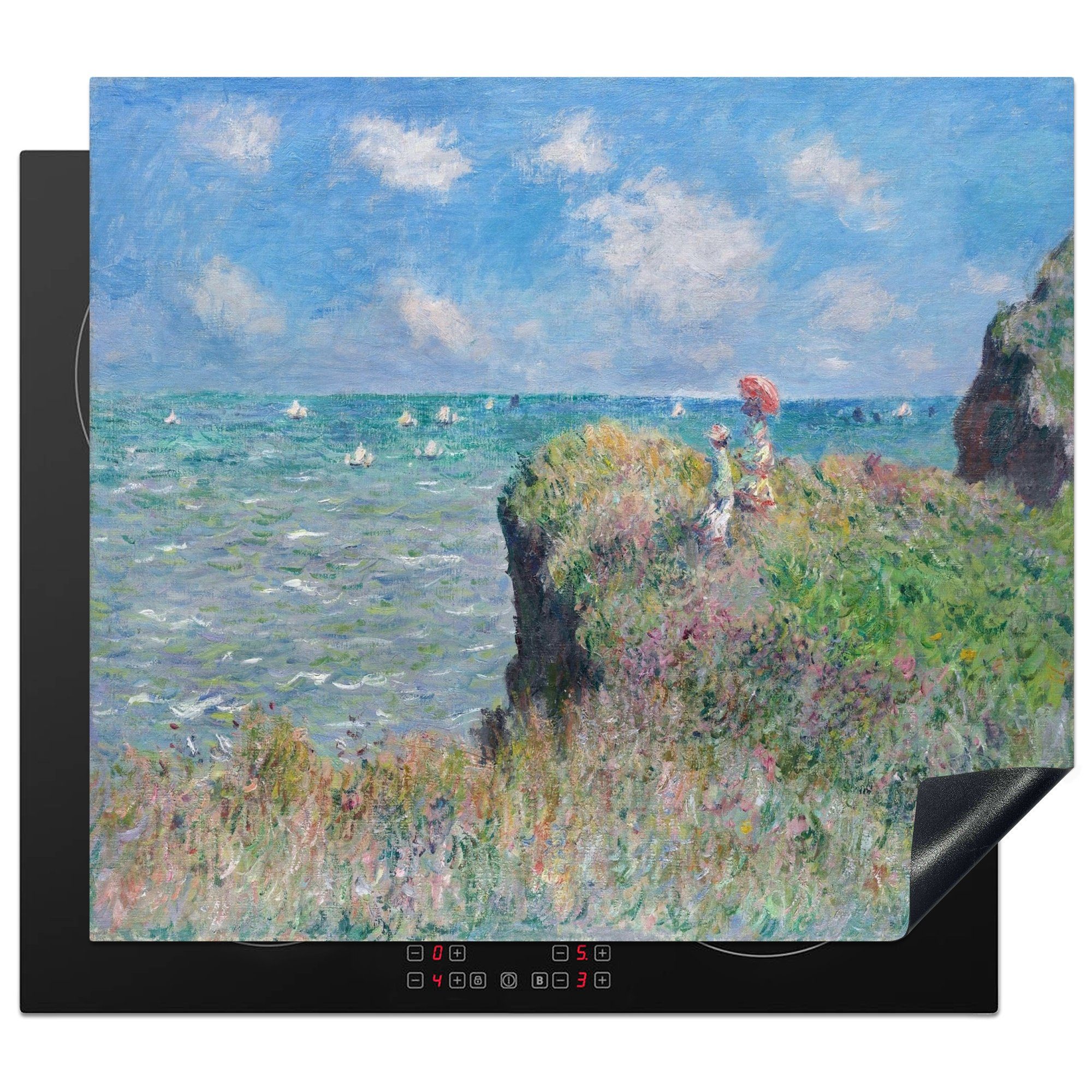 MuchoWow Herdblende-/Abdeckplatte Spaziergang auf der Klippe in Pourville - Gemälde von Claude Monet, Vinyl, (1 tlg), 59x52 cm, Ceranfeldabdeckung für die küche, Induktionsmatte