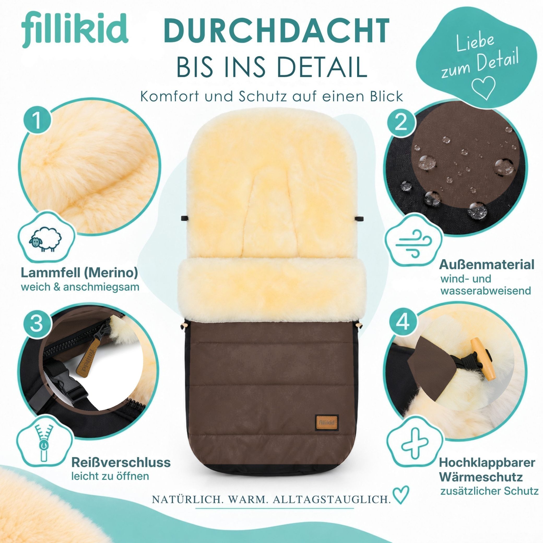 Fillikid Fußsack Winterfußsack Bernina Lammfell Exklusiv, Warmer Winterfußsack mit echtem Merino-Lammfell wasserabweisend und – Bild 3 von 5