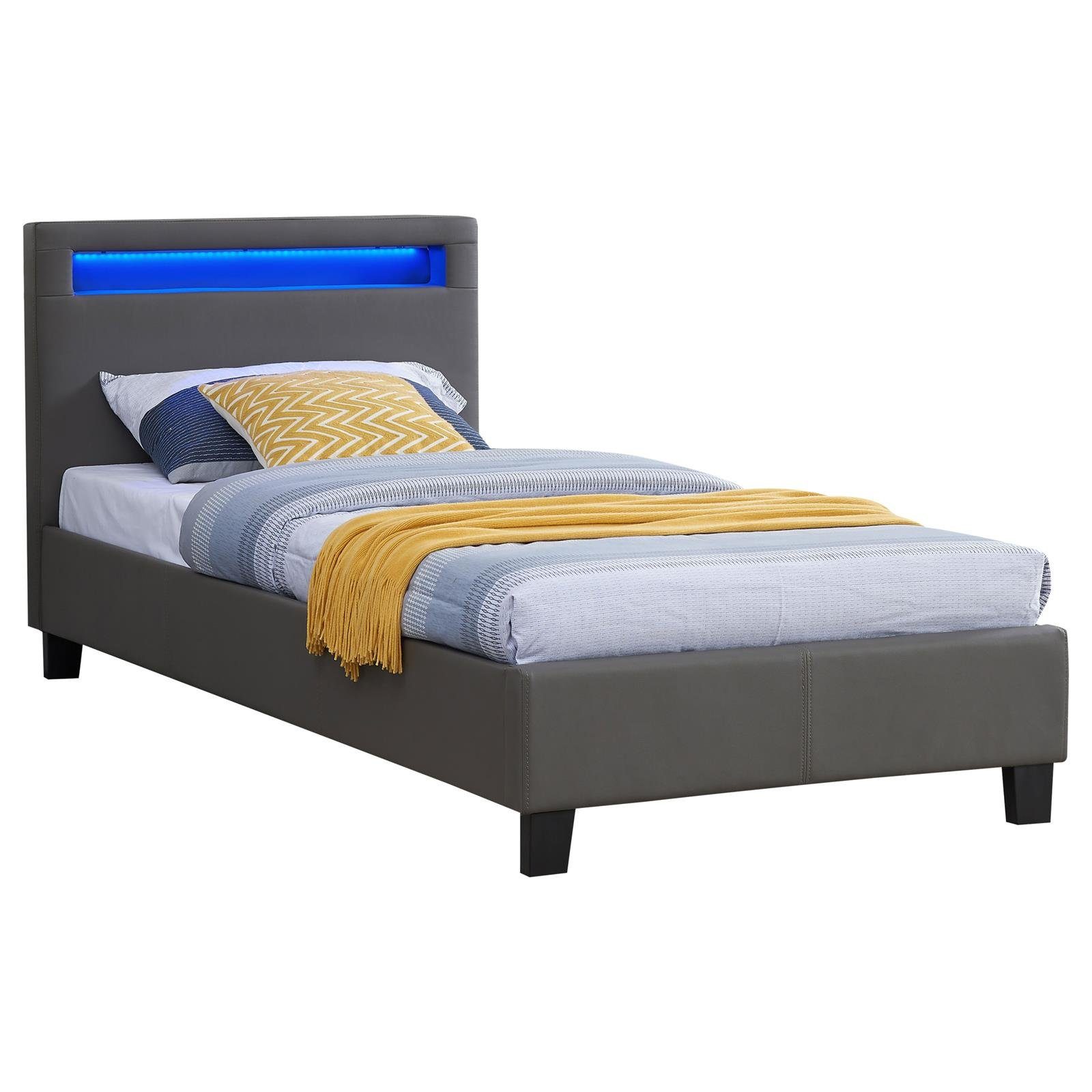 CARO-Möbel Polsterbett MANDALAY, Polsterbett Einzelbett Jugendbett Bettgestell mit LED 90 x 200 cm