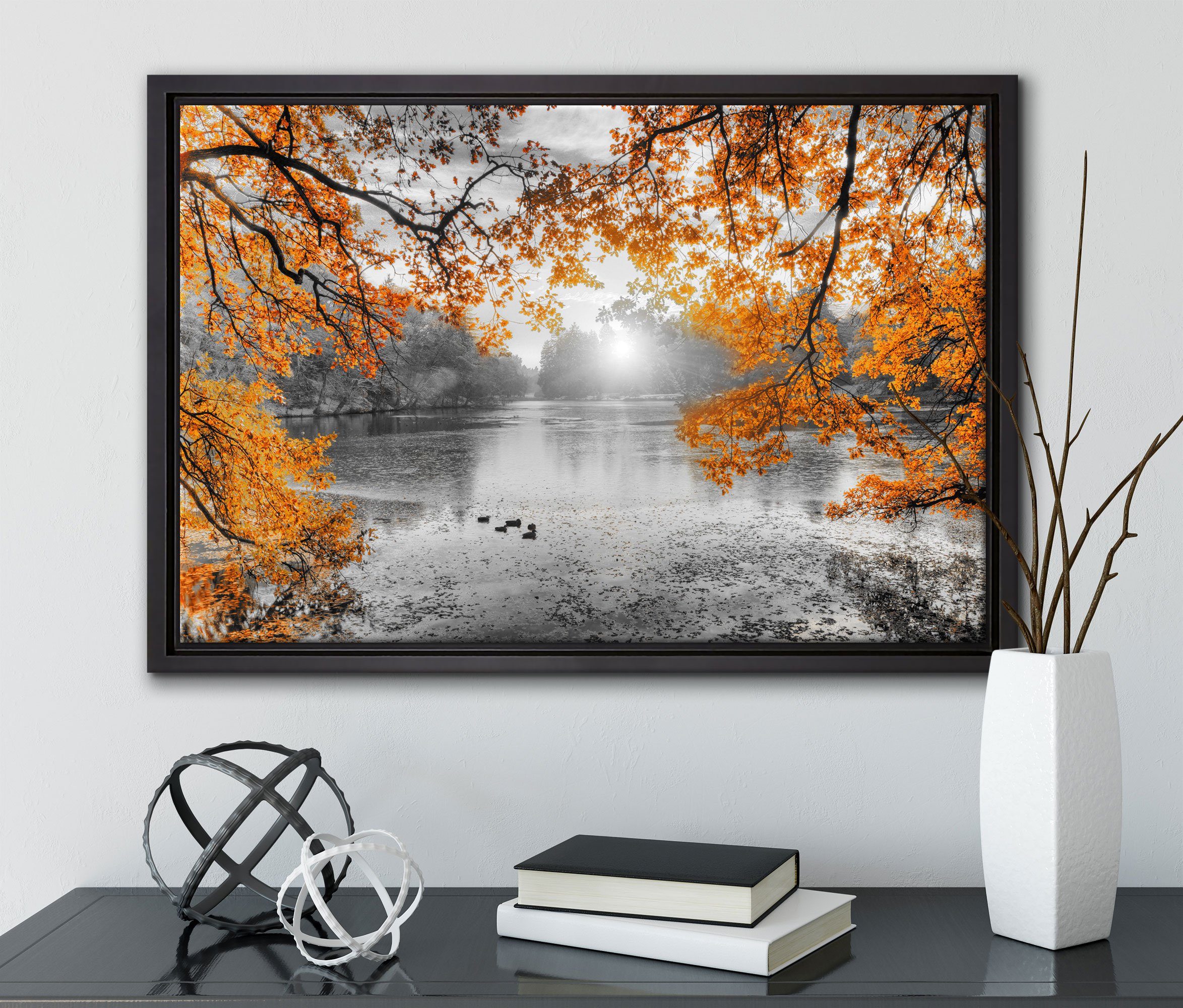 Pixxprint Leinwandbild Detail, inkl. um St), Zackenaufhänger einem in fertig bespannt, See Herbstbäume Schattenfugen-Bilderrahmen Wanddekoration Sonnenuntergang gefasst, Leinwandbild bei B&W (1