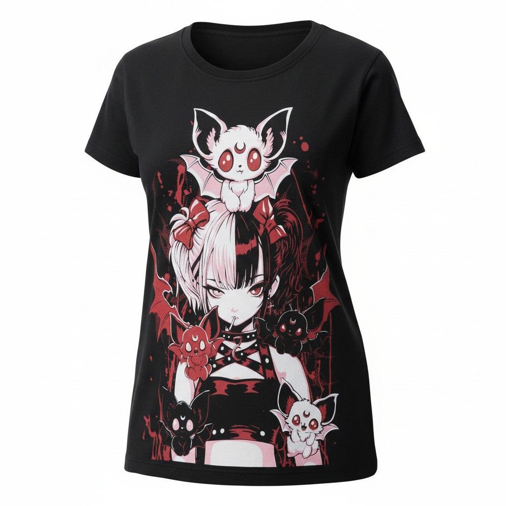 Cupcake Cult Print-Shirt Süßes Fledermaus Batling T-Shirt – Cupcake Cult - schwarz-rot Gothic Shirt Anime aus Baumwolle mit Print