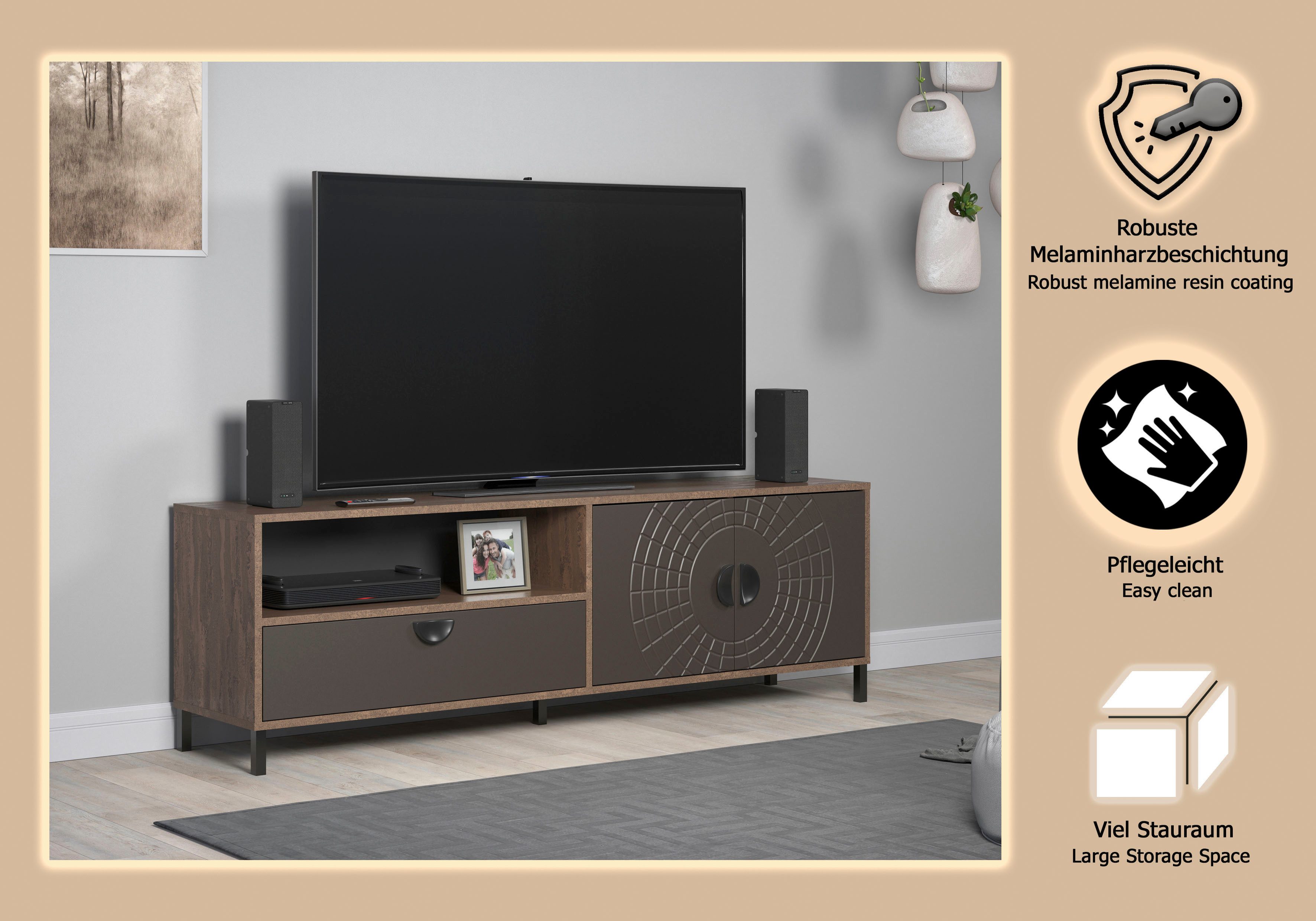 Home affaire Lowboard Fusion (1 St), TV-Lowboard mit Soft-Close-Türen & Schubkasten – (B/T/H) 183/40/55 cm