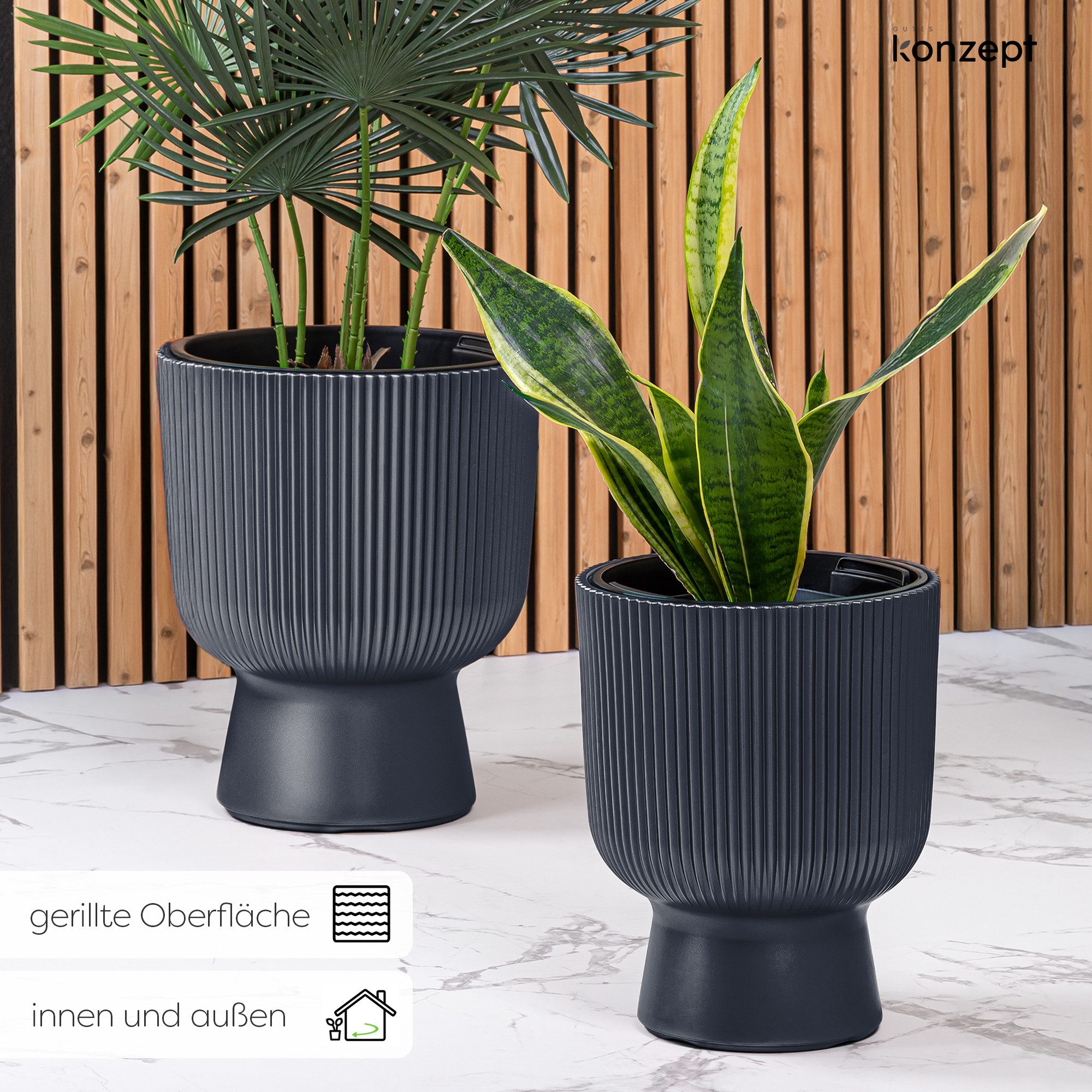 KONZEPT Blumentopf aus Kunststoff mit Einsatz, 24 cm Durchmesser, 8,5 L, in Rippen-Optik, Rippen-Optik