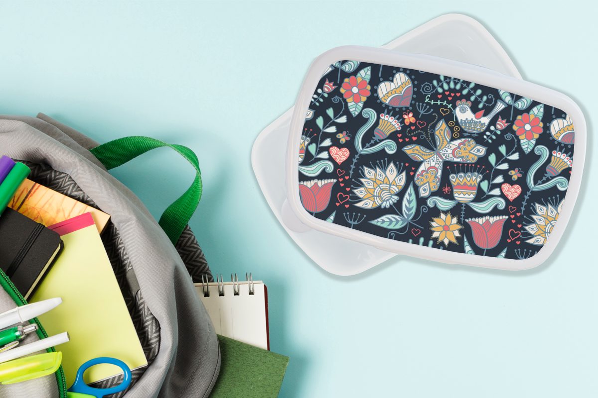 MuchoWow Lunchbox Schmetterling Muster, - Blume Vogel und Erwachsene, weiß Mädchen Brotbox (2-tlg), für Brotdose, Kunststoff, - Jungs für Kinder und 