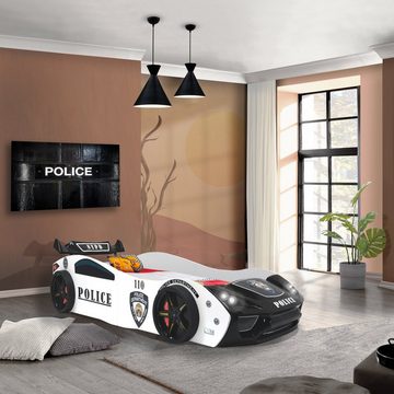 Aileenstore Autobett Police (inkl. Lattenrost LED Licht und Heckspoiler), Kinderbett 90 x 200 cm, Spielbett als Polizeiauto Rennwagenbett