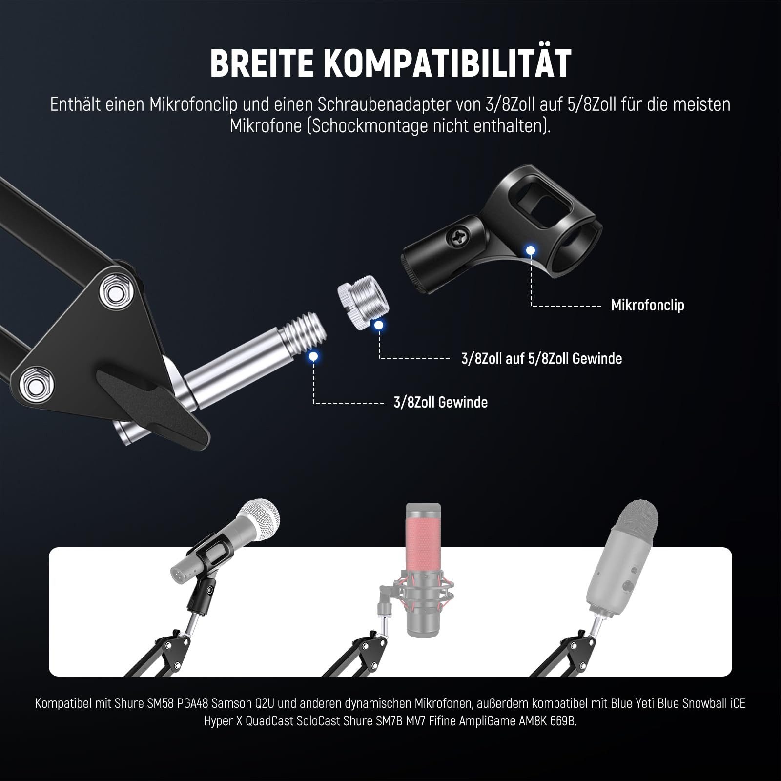 Neewer Mikrofon-Halterung MS006 Mikrofonarmständer Scherenarm Mikrofonarm Tischhalterung, (Packung, mit Clip, 3/8" auf 5/8" Adapter, für Blue Yeti Snowball HyperX Shure)