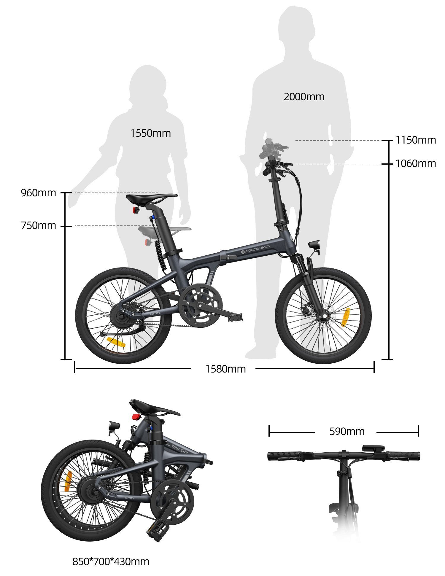 Air ebike 20 Faltbares Revolution, E-Bike 17,5 Heckmotor, ADO KG, Ultraleichtgewicht grau 1 E-Fahrrad Gang, Damen/Herren,Lampe