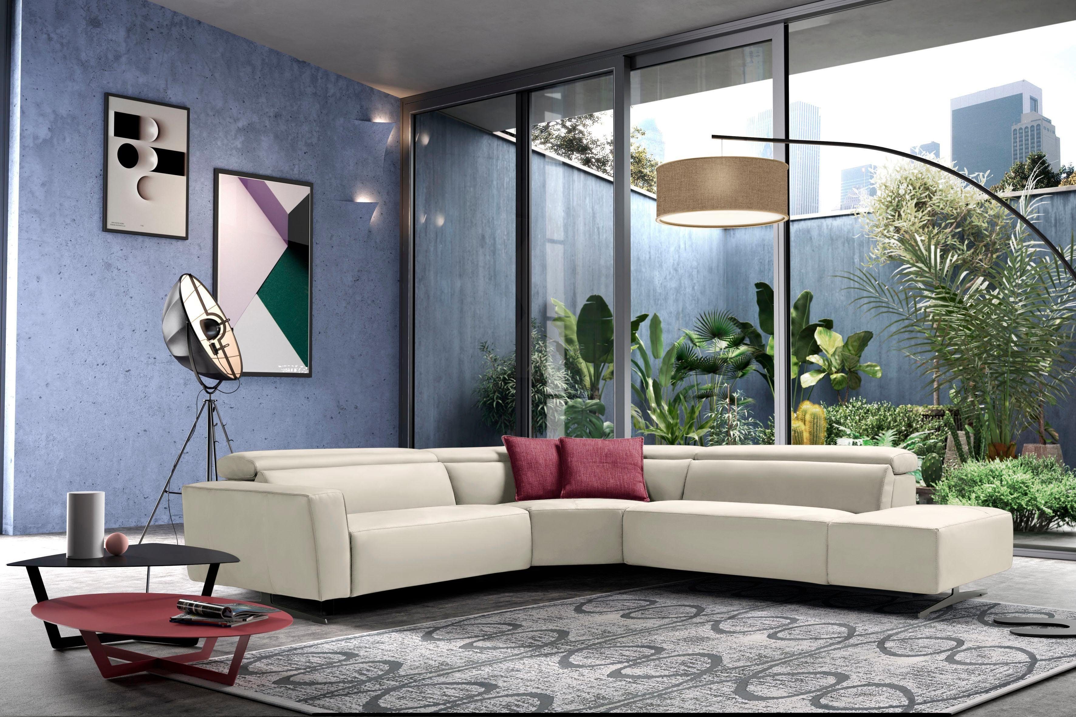 Egoitaliano Ecksofa Stefanie-e, Designsofa der Extraklasse, bequem mit hohem Sitzkomfort, mit Relaxfunktion und verstellbaren Kopfteilelementen