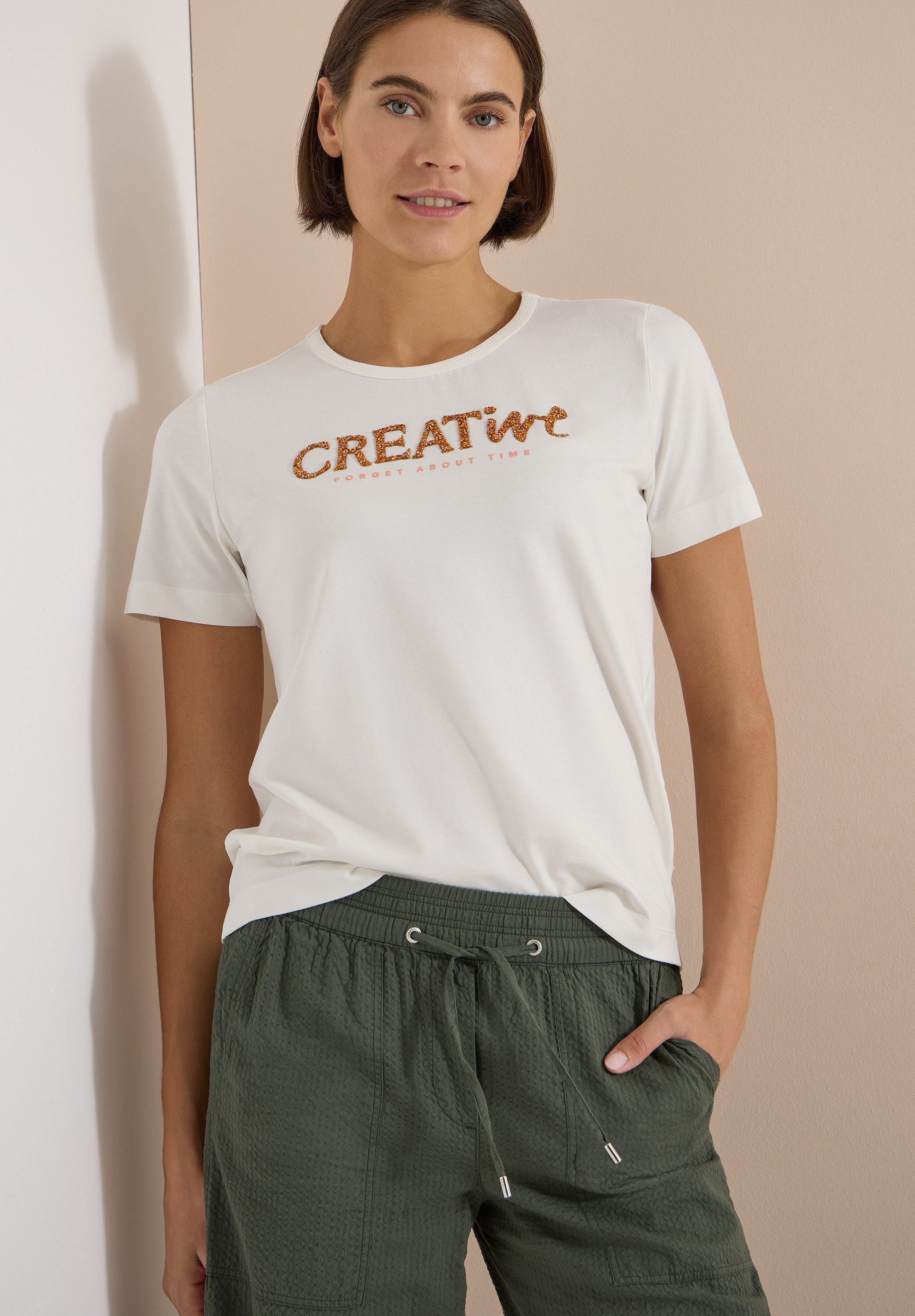 CECIL Print-Shirt Sommershirt mit Rundhals und Glitzer-Wording
