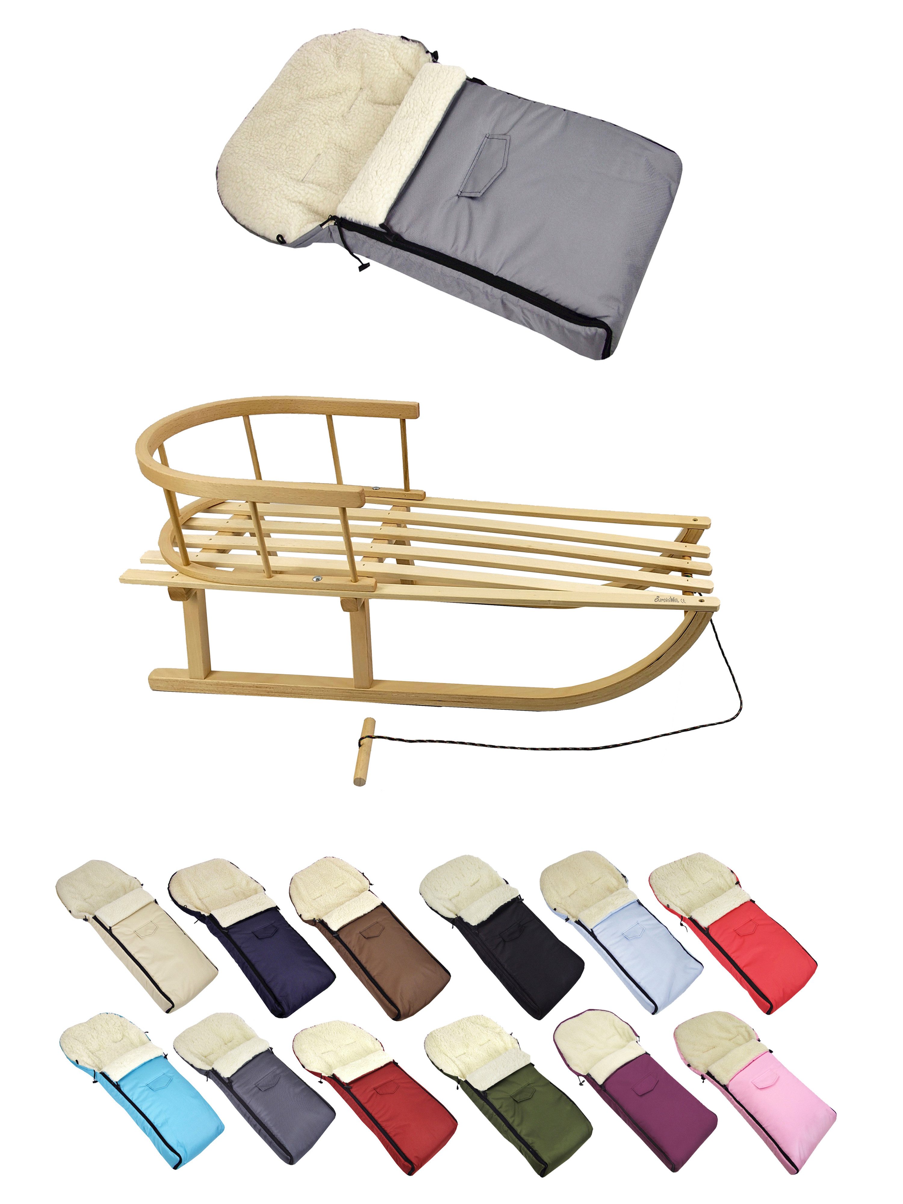 BambiniWelt by Rafael K. Санчата CE-HOLZSCHLITTEN mit Rückenlehne Zugleine + WINTERFUßSACK Wolle 90cm, Kombi-Angebot