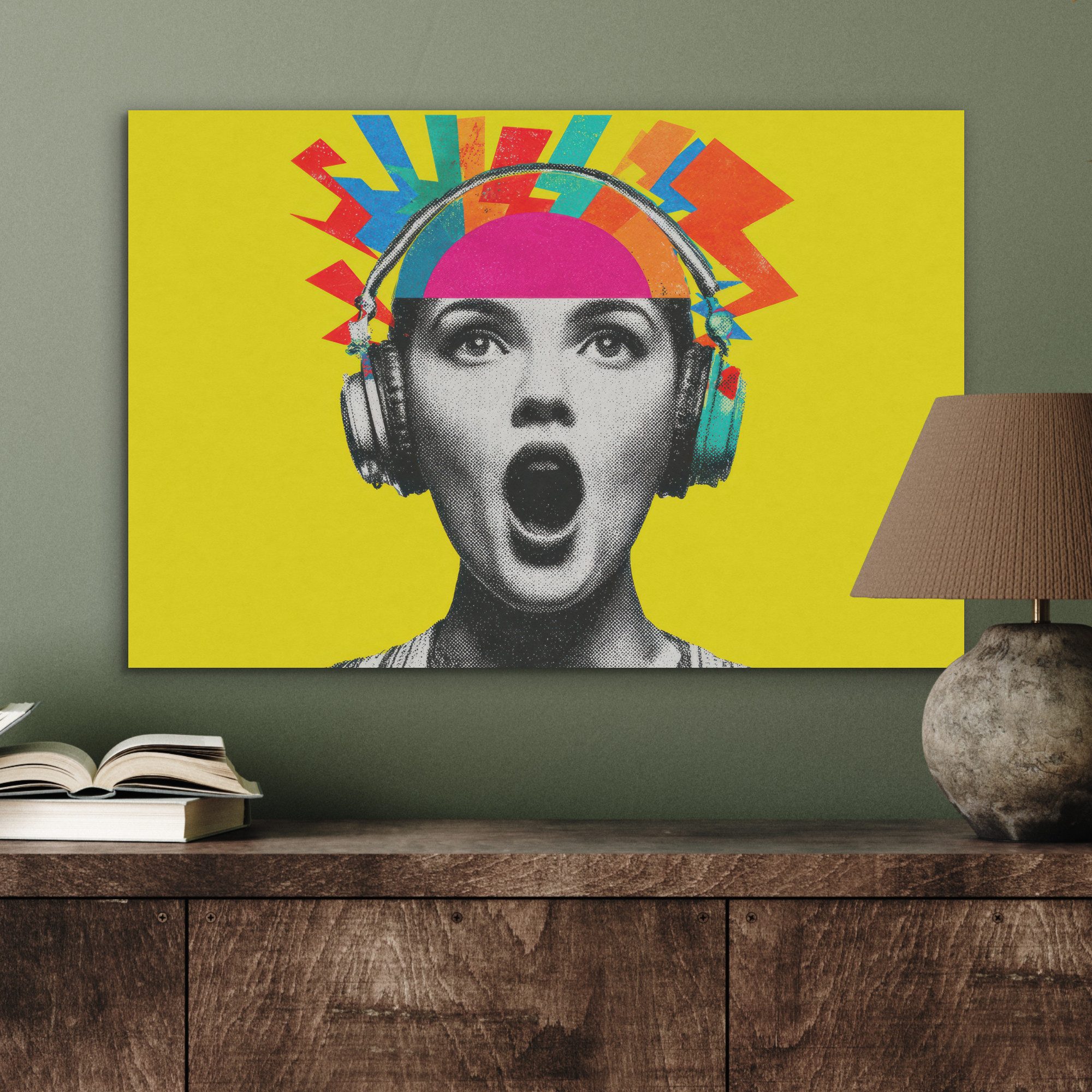 MuchoWow Gemälde Frau - Kopfhörer - Gelb, Fotodruck (1 St), Akustikbilder Schallabsorber, Wandpaneele, Akustikpaneele 60x40 cm