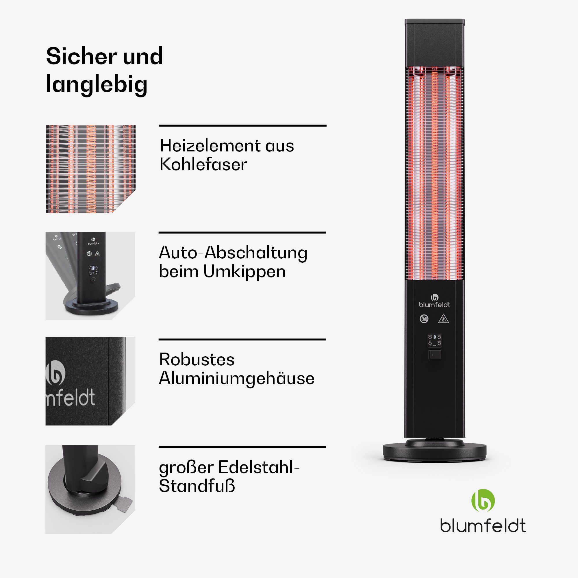 blumfeldt Terrassenstrahler Heat Guru Plus, 3000 Heizung Heizstrahler Elektrische Indoor Outdoor Schwarz W, LED