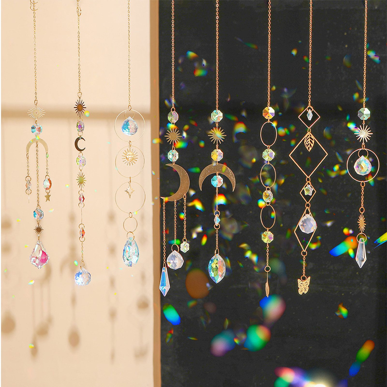 MOPUEA Windspiel 8er Sonnenfänger Kristall Regenbogen Fensterdeko Windspiele (Dekorations-Set, 8 St., 8 Kristall Sonnenfänger mit Sonne, Mond und Stern Motiven), Regenbogeneffekt, funkelnd, dekorativ, vielseitig, handlich