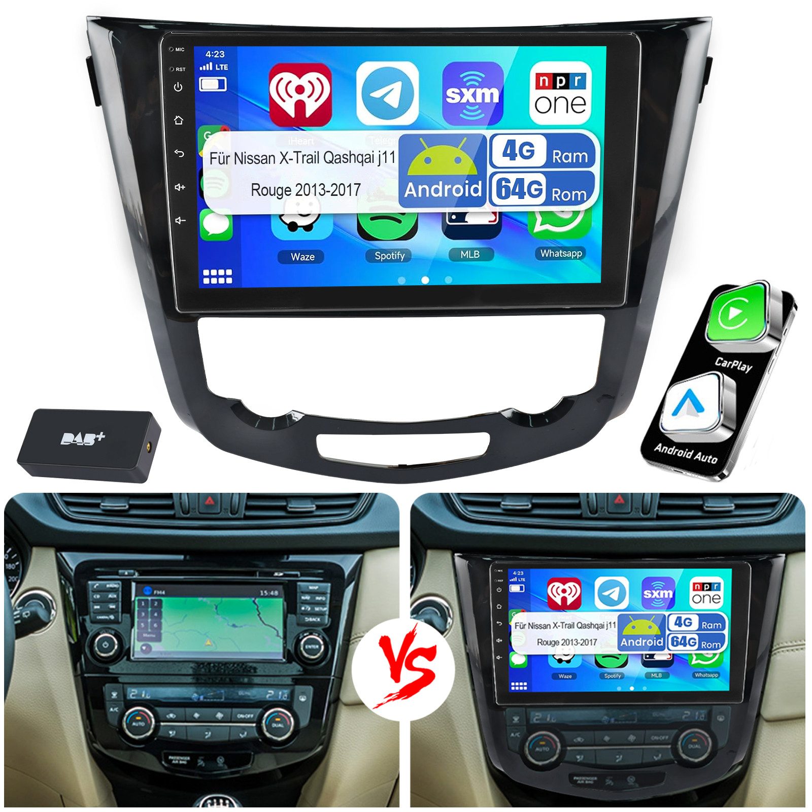 ESSGOO Android15 Autoradio Carplay Für Nissan X-Trail Qashqai j11 Rouge 13-17 Autoradio (DAB (optional), DAB+ (optional), 4+64GB(optional), RDS, AM, FM, Carplay Android Auto Bluetooth EQ USB GPS Navi WIFI Touchscreen)