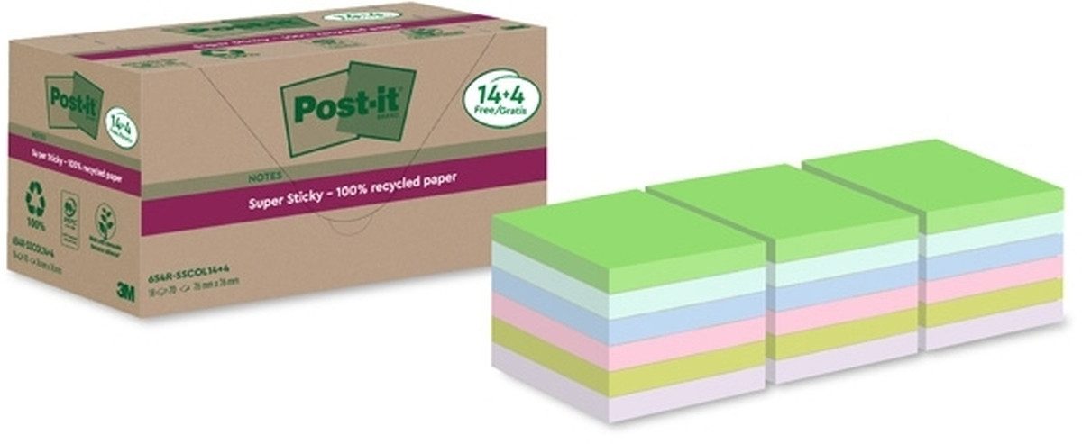 Haftnotizblock Haftnotiz Super Sticky Recycling Notes 76x76mm 70 Blatt sortiert VE=1.