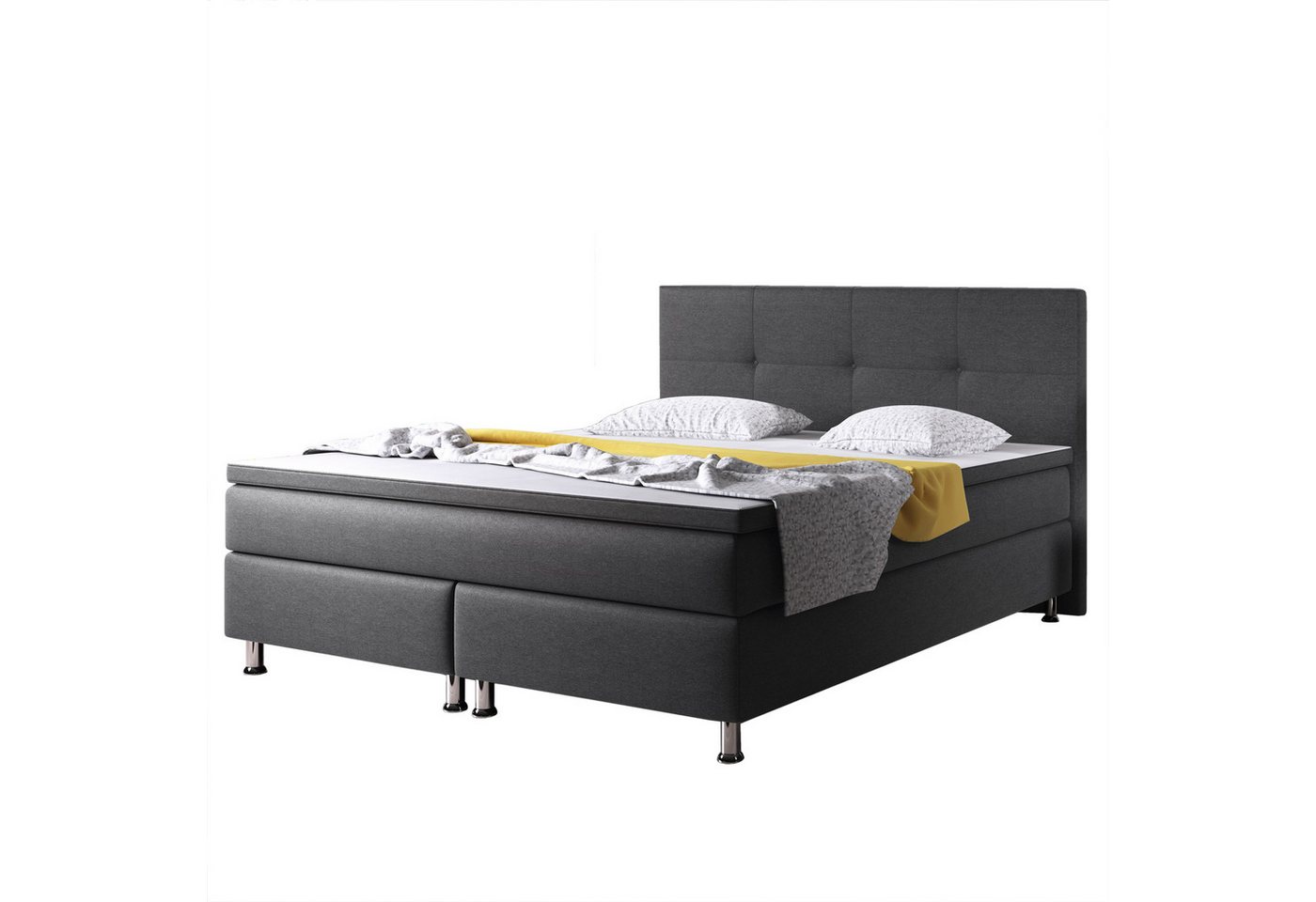 inter Boxspringbett D1 Webstoff mit 7 Zonen Taschenfederkernmatratzen und Topper (180x200 cm, Anthrazit mit 7 Zonen Taschenfederkernmatratzen und Topper), Taschenfederkern-Komfort, gepolstertes Kopfteil, inklusive Matratzen