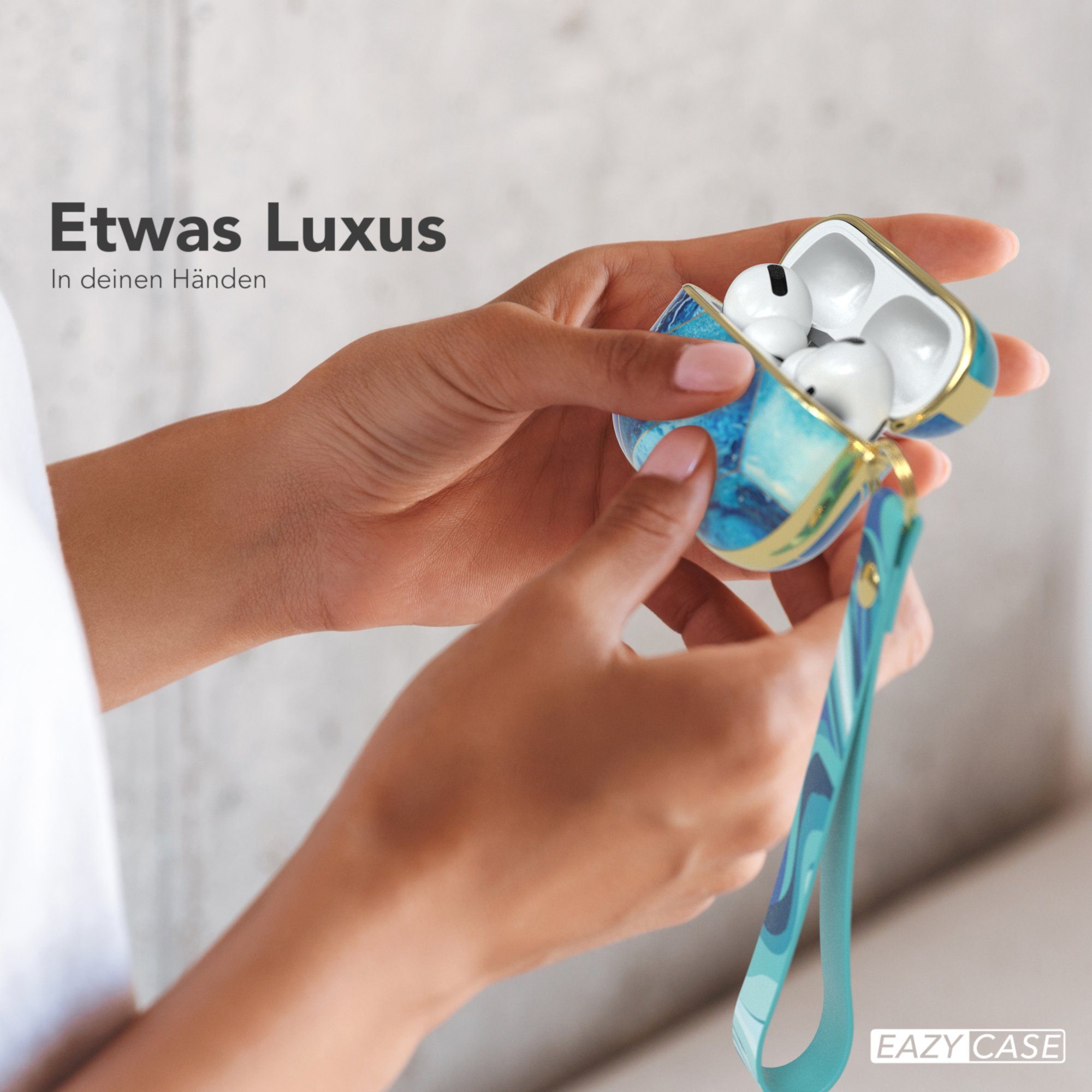 EAZY CASE Kopfhörer-Schutzhülle IMD Motiv Case kompatibel mit Apple AirPods Pro, Kratzschutz für Airpods Pro Lade Case Rutschfestes Etui Blau / Gold