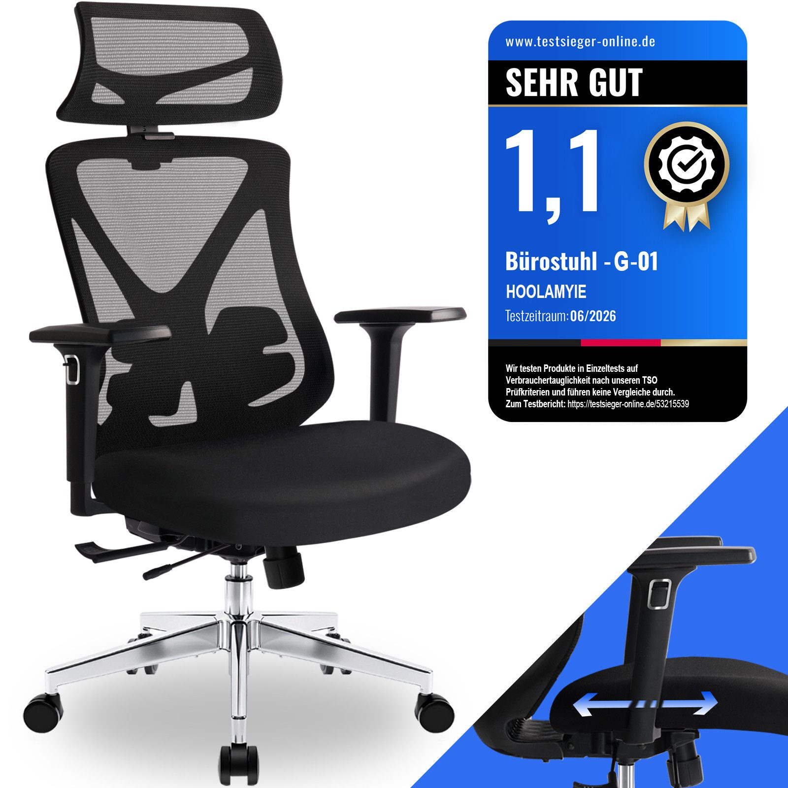 Hoolamyie Bürostuhl, Ergonomischer Schreibtischstuhl 200 kg, individuell anpassbar (Drehstuhl mit extra großer 2D-Kopfstütze, Lordosenstütze, 3D-Armlehnen, Sitztiefenverstellung, Mesh-Rückenlehne, 7 cm Sitzkissen und arretierbarer Rückenlehne 90°/115°/135), Ergonomischer Bürostuhl und Netzstuhl für Homeoffice & Büro