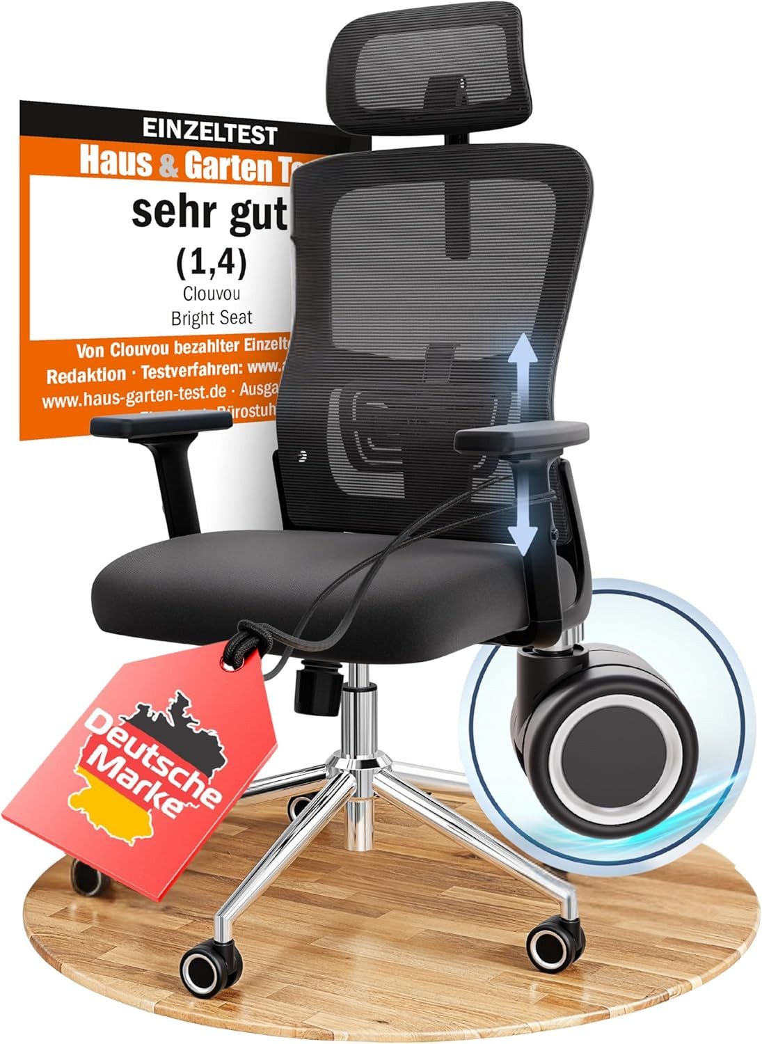 CLOUVOU Bürostuhl ergonomisch, Schreibtischstuhl bis 150 kg - Testsieger (BrightSeat - Для шефа für Arbeitszimmer, 2D Armlehne), Blade Wheels, Homeoffice, Gaming Stuhl, Drehstuhl