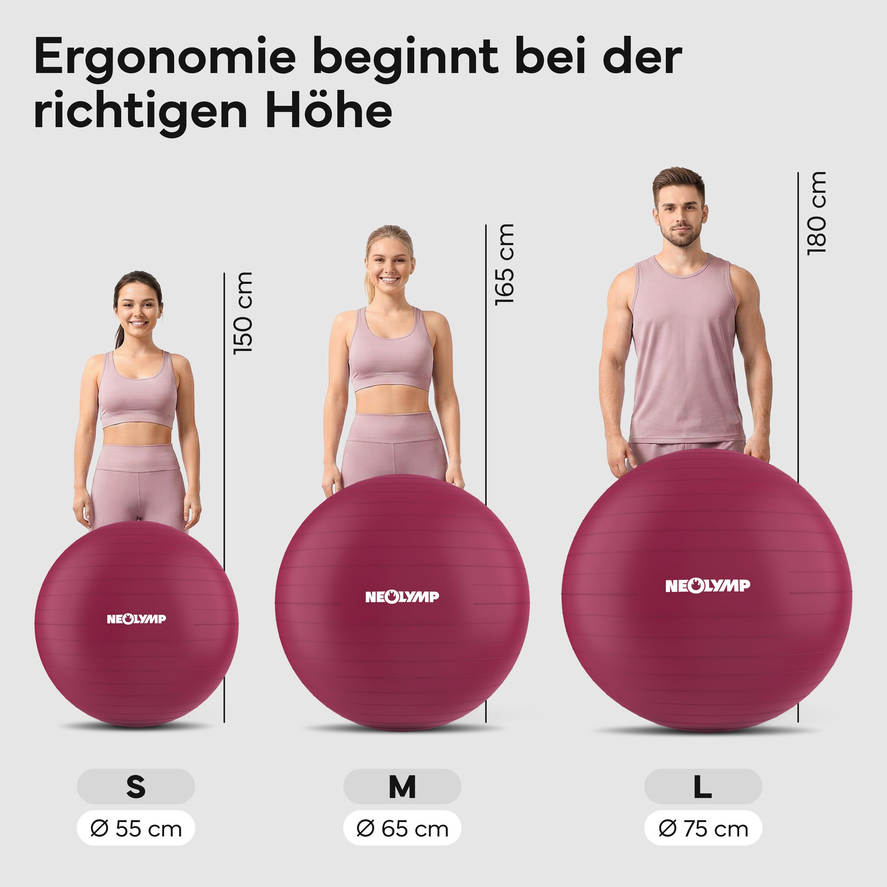 NEOLYMP Gymnastikball Sitzball Büro ergonomisch in 3 Größen S/M/L - bis 300 kg belastbar (Yoga Ball für Homeoffice, Core Training & Balance), Pilates Ball rutschfest & anti burst - Pezziball, Schwangerschaftsball