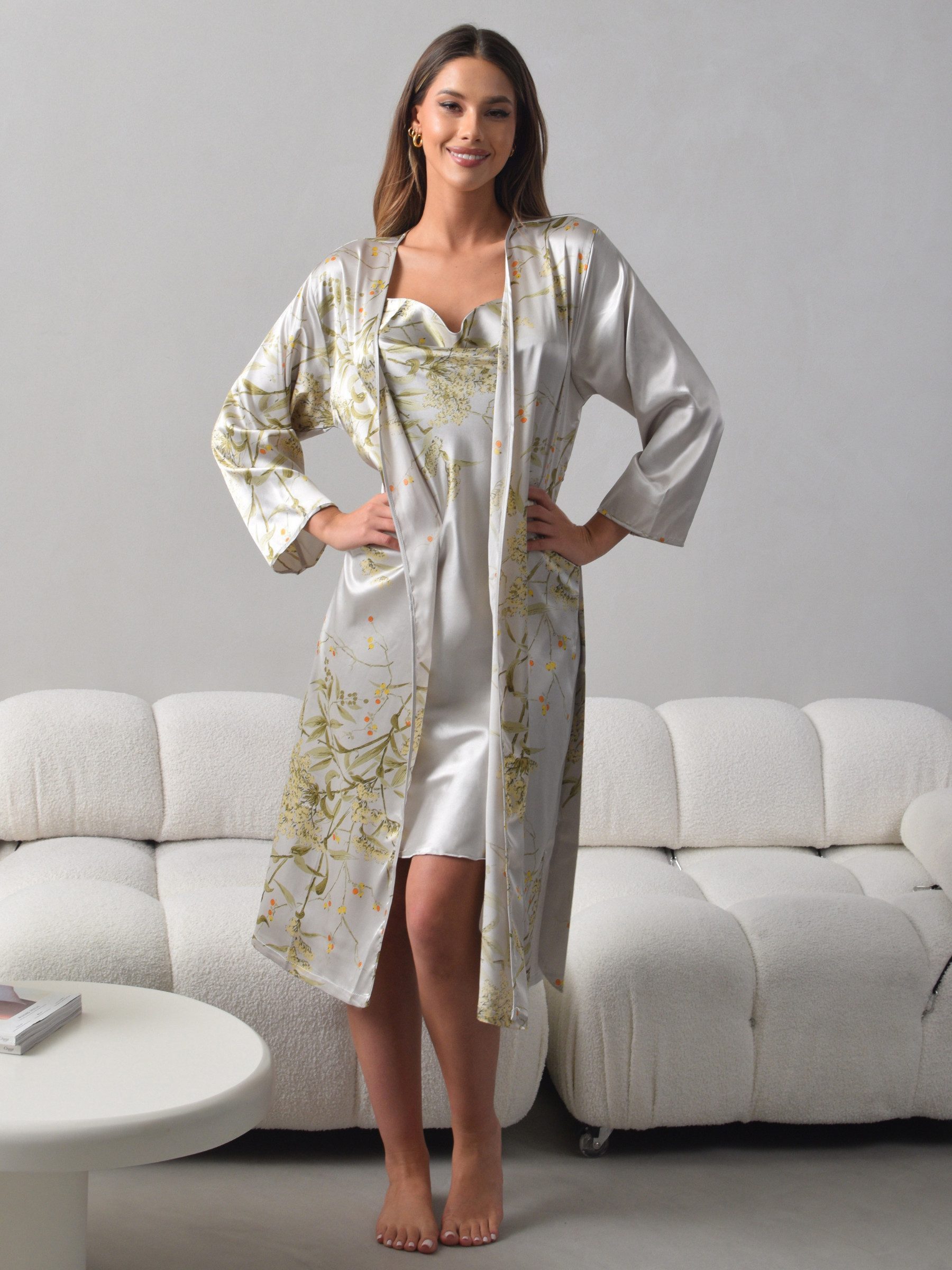 Elegant Love Morgenmantel Satin Pyjama-Set 2-tlg., Damen-Loungewear & Nachtwäsche, Robe + Unterkleid, Gürtel, Negligee mit wasserfallausschnitt