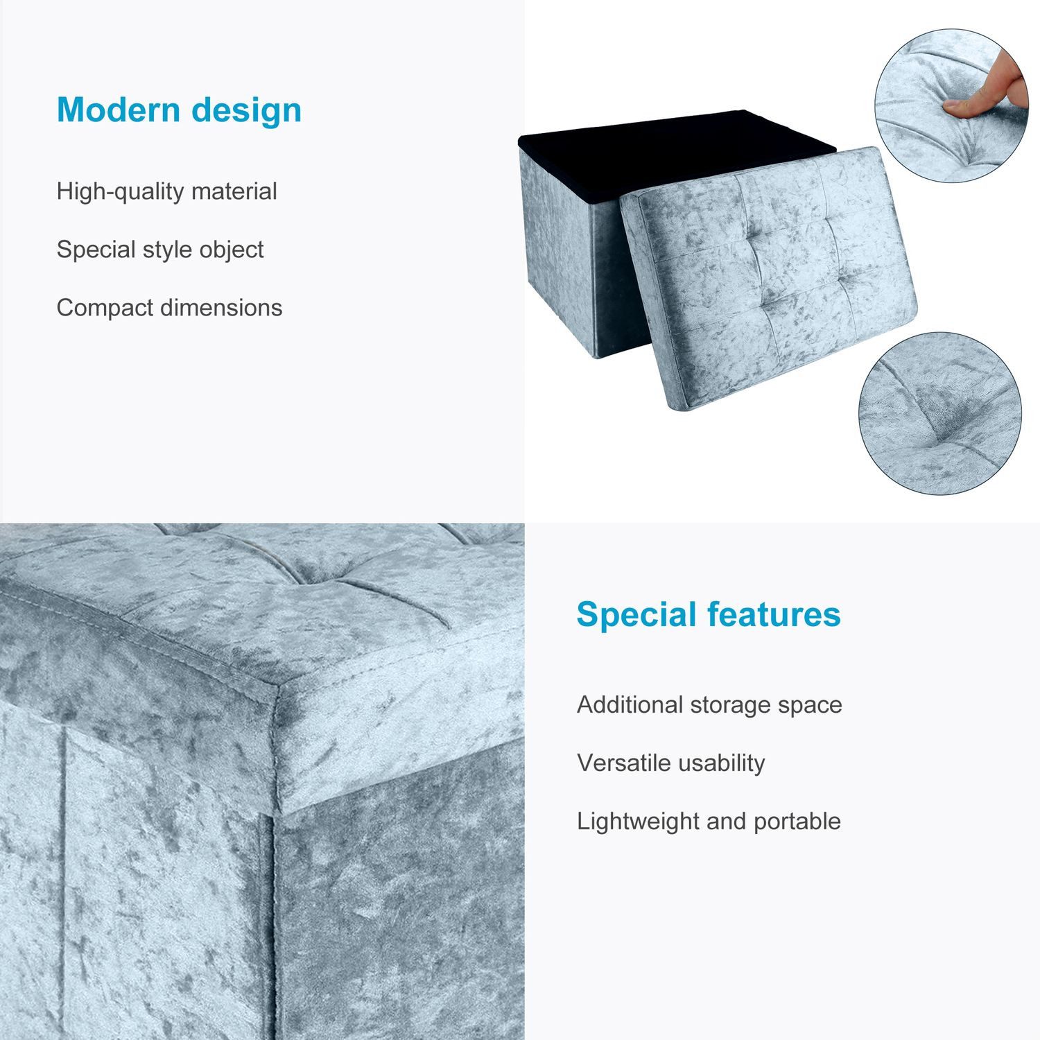Intirilife Sitzbank (Faltbare Sitzbank 49x30x30 cm in Samt Blaugrau), Sitzwürfel mit Stauraum und Deckel mit Samtbezug Sitzhocker
