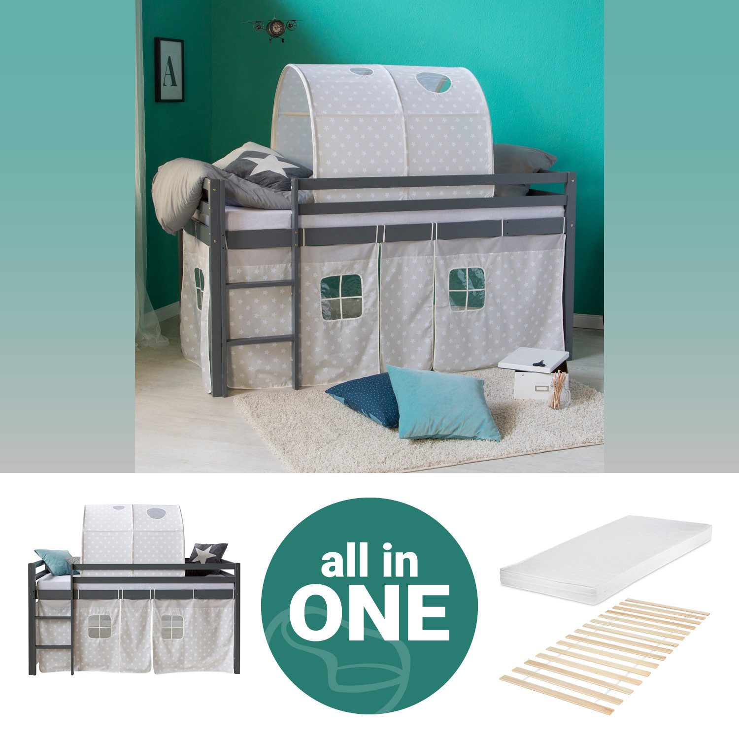 Homestyle4u Hochbett Kinder 90x200 cm Grau mit Vorhang Sterne Holz Kinderbett Junge (Komplett-Set mit Lattenrost, mit Tunnel, Matratze mit OEKO-TEX® Standard 100) Junge, Mädchen, Spielbett