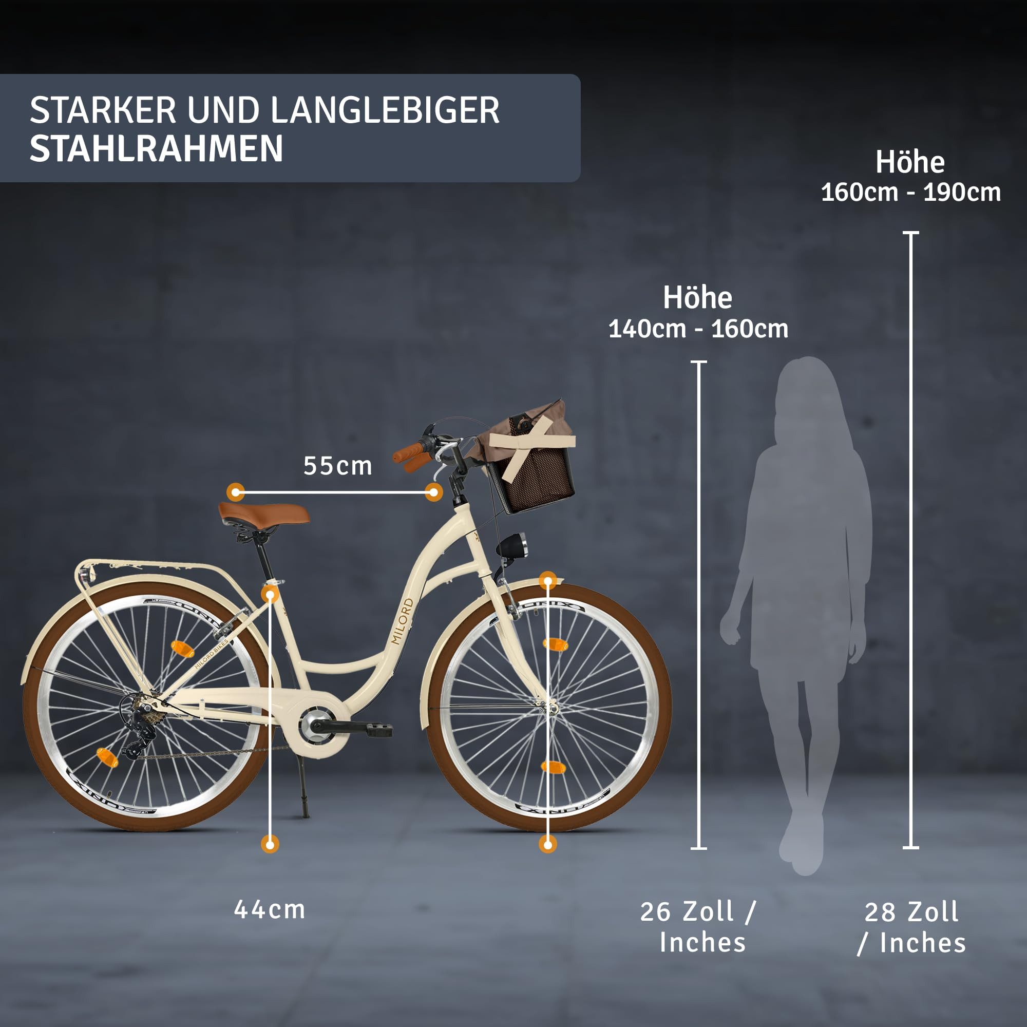 Milord Cityrad Milord City Fahrrad Korb Damenfahrrad, 28 Zoll, Beige-Braun, 7-Gang, 7 Gang, (Fahrradständer, Gepäckträger, Klingel, Korb, Kotflügel)