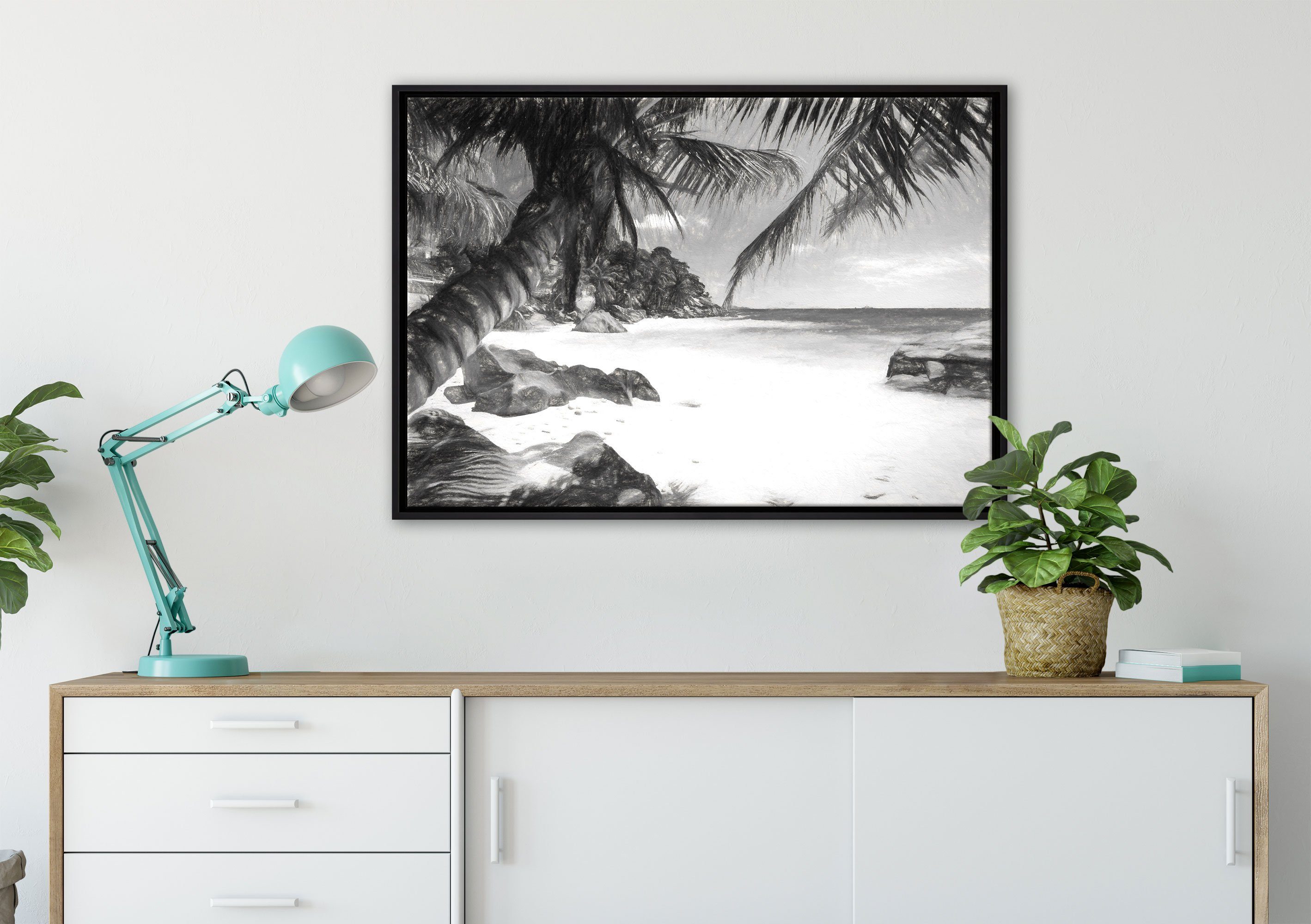 Zackenaufhänger Wanddekoration Palmenstrand Leinwandbild (1 gefasst, St), Pixxprint in Kunst, einem Leinwandbild Schattenfugen-Bilderrahmen inkl. Seychellen bespannt, fertig